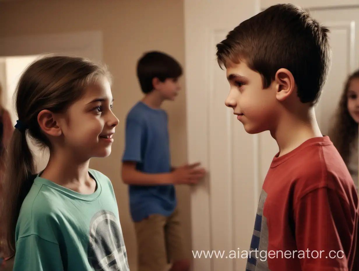 A boy and a girl who are cousins are at the party talking to each other. they are 13 years. they are in the house. other members of the family are nearby