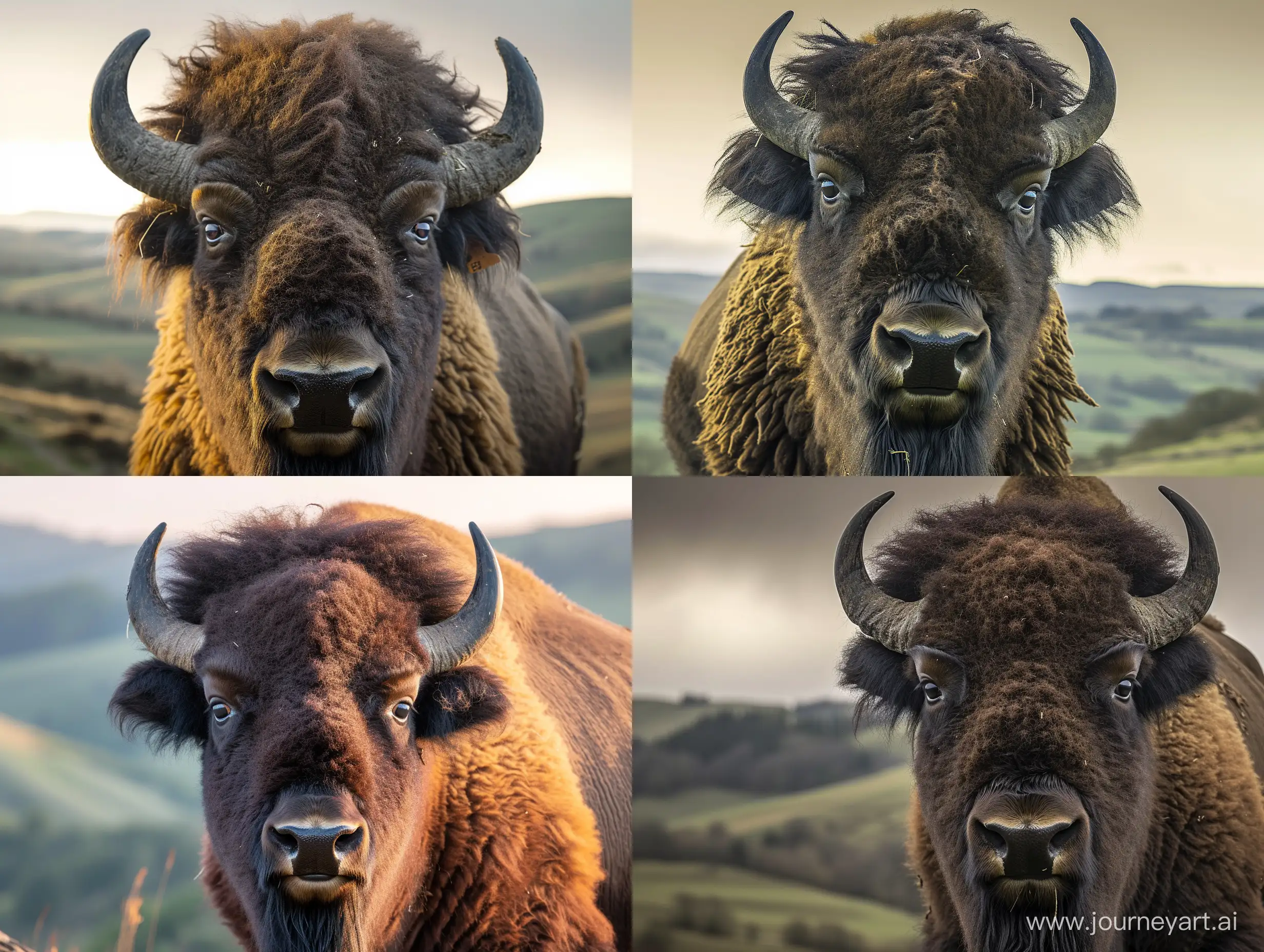 Ultra-realistic close-up photo of a large hairy bison, featuring highly detailed eyes, intricate skin and hair textures, rolling hills in the background, illuminated by natural, soft daylight, captured from a frontal perspective, using a Canon EOS 5D Mark IV with an 85mm lens