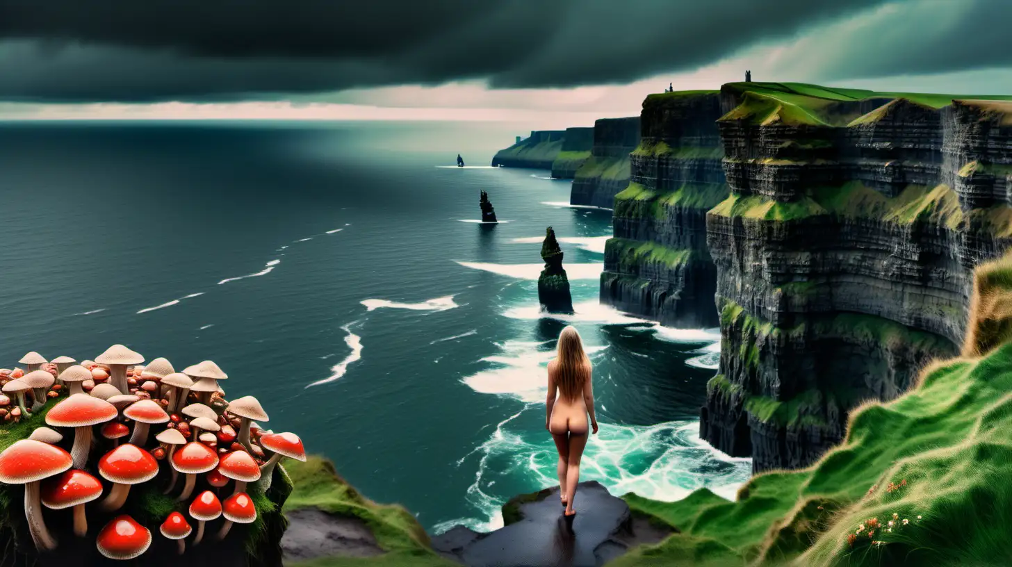 Ethereal Journey Nude Woman Ascending through Psychedelic Landscape with Cliffs of Moher and Colorful Mushrooms