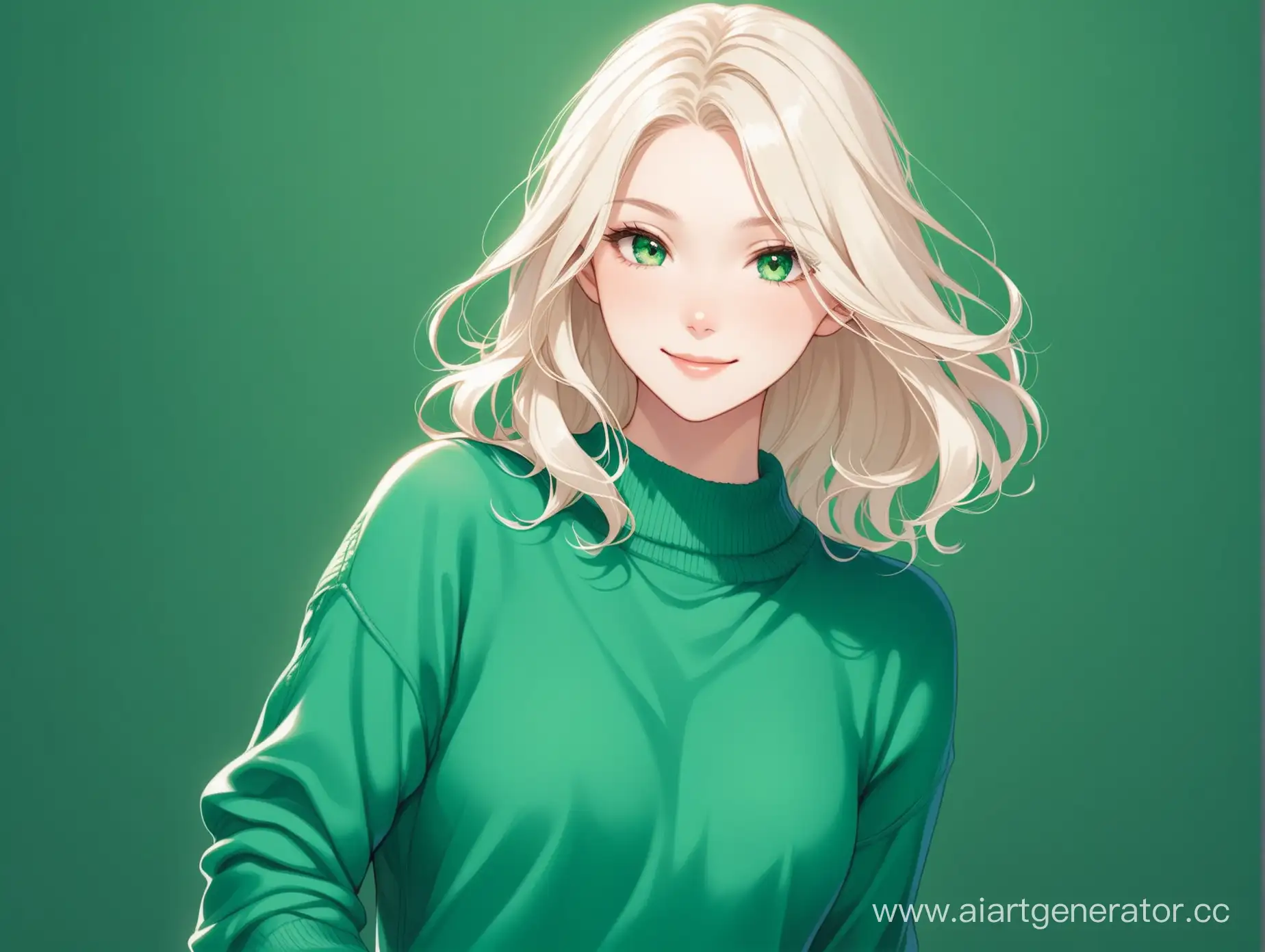  Woman with shoulder-length platinum blonde hair that falls in loose waves around her face. Her eyes are emerald green, has a gentle smile  and  slender figure, with delicate features and fair skin. She wears soft sweaters and jeans.