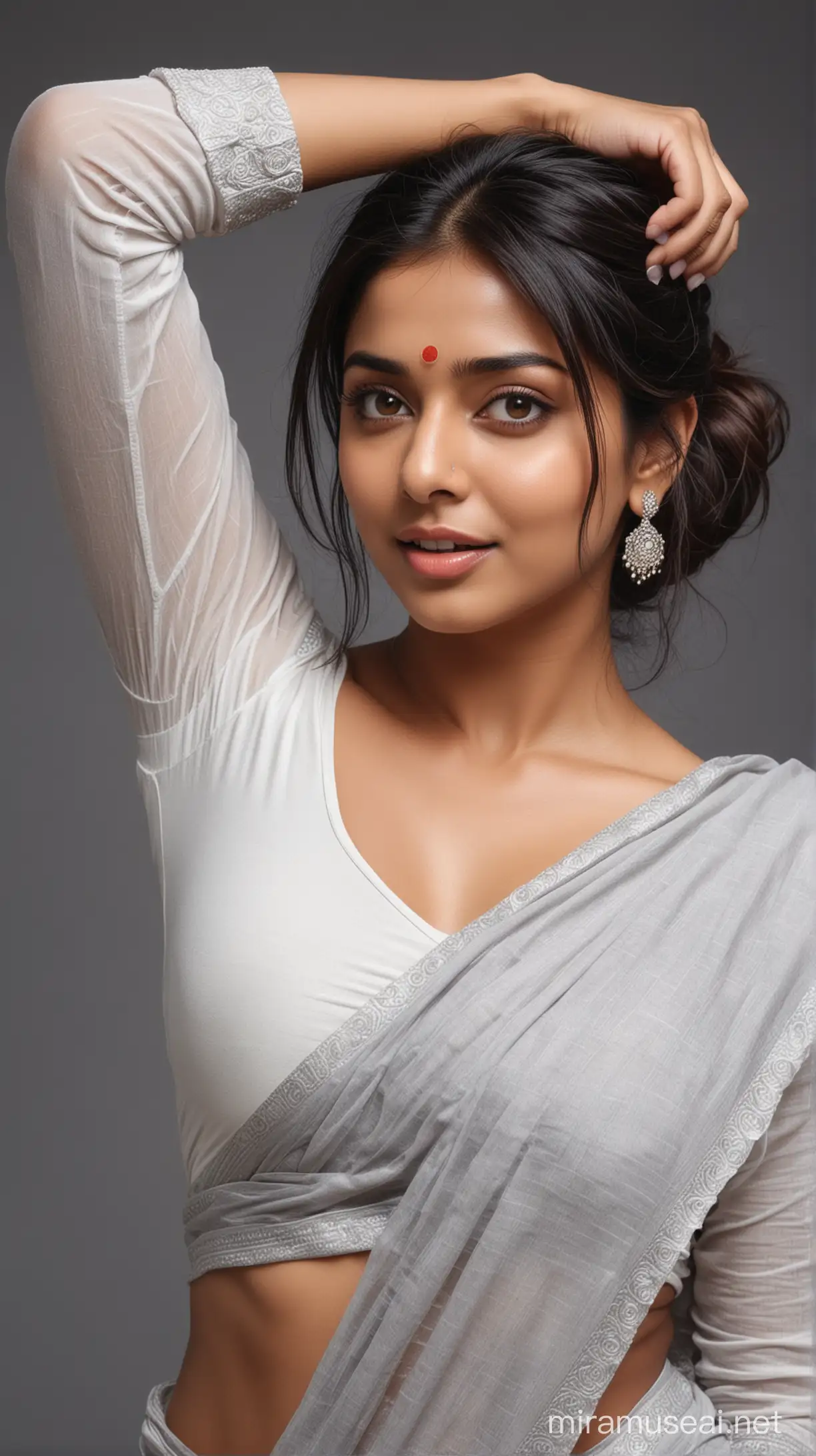 A tall and thick bollywood actress lifting her hairy armpits, pretty eyes, long sharp nose, blush, bang bob cut , white skin, sweating, wearing fullsleeve grey saree, love handle, full body shot, cinematic shot, hyper realistic, high quality, highly detailed, 8k