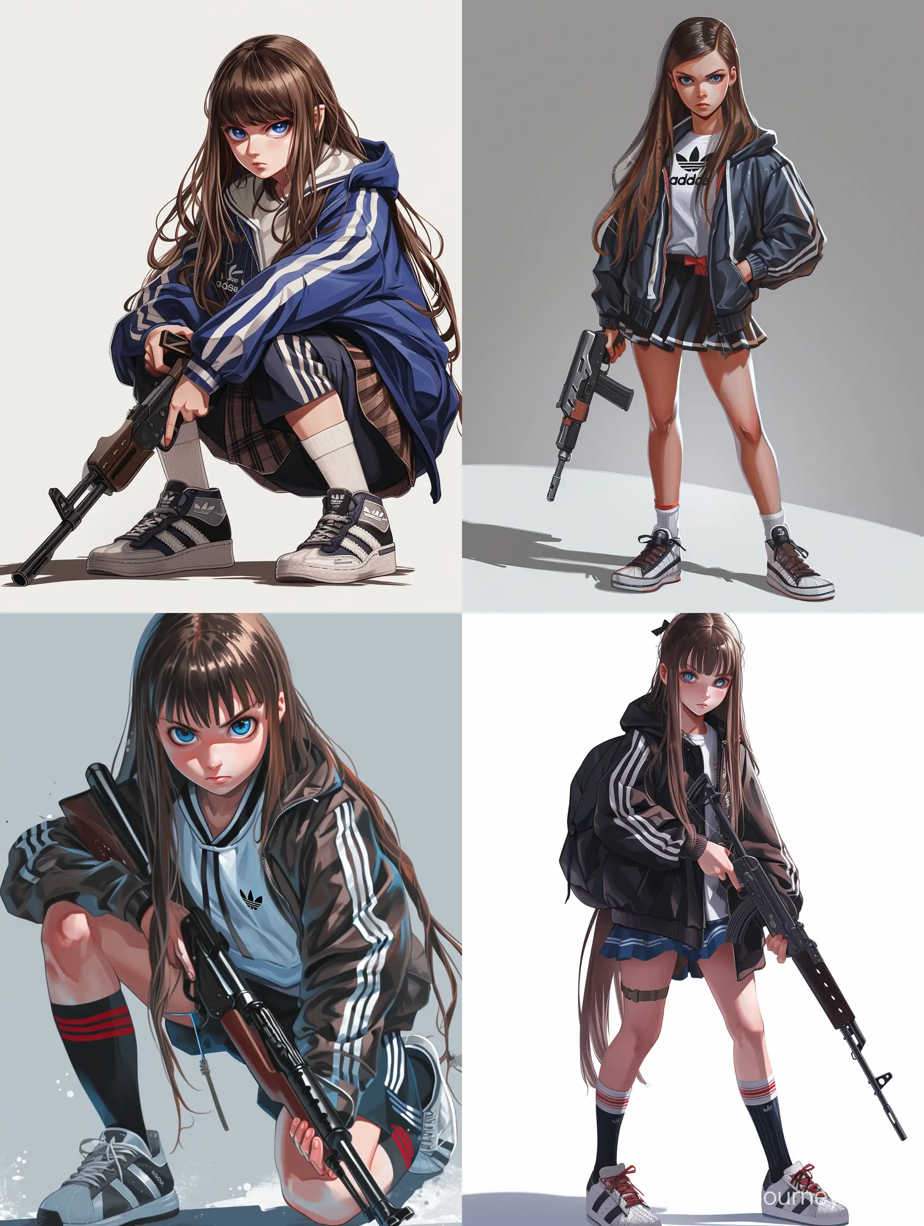 Изобрази школьницу подростка из россии в ветровке адидас и школьной форме, в высоких кедах, с длинными коричневыми волосами и голубыми глазами, с оружием в руках, в реалистичном стиле