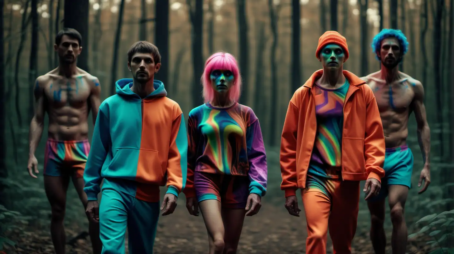 a married couple - a woman in psychedelic colors costume and a male athlete are together with three drug addict men in the forest.Movies style.