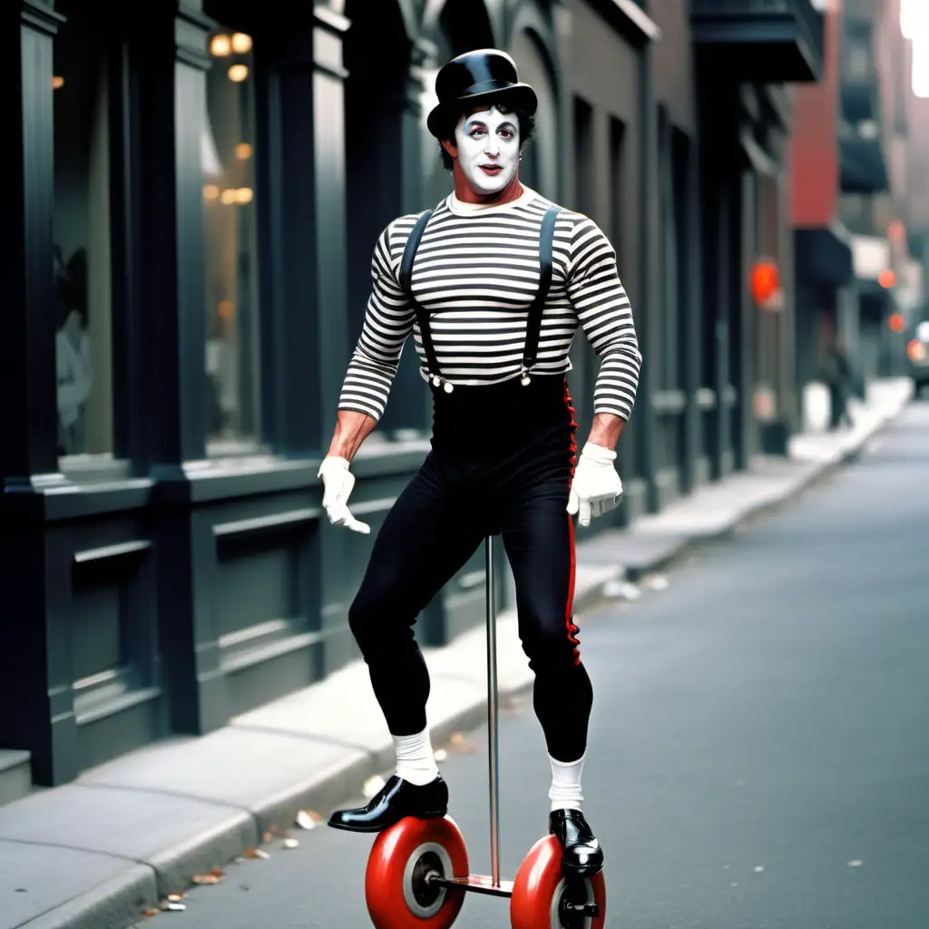 sylvester stallone on a unicycle dressed as a mime artist, red white and black, a clockwork orange