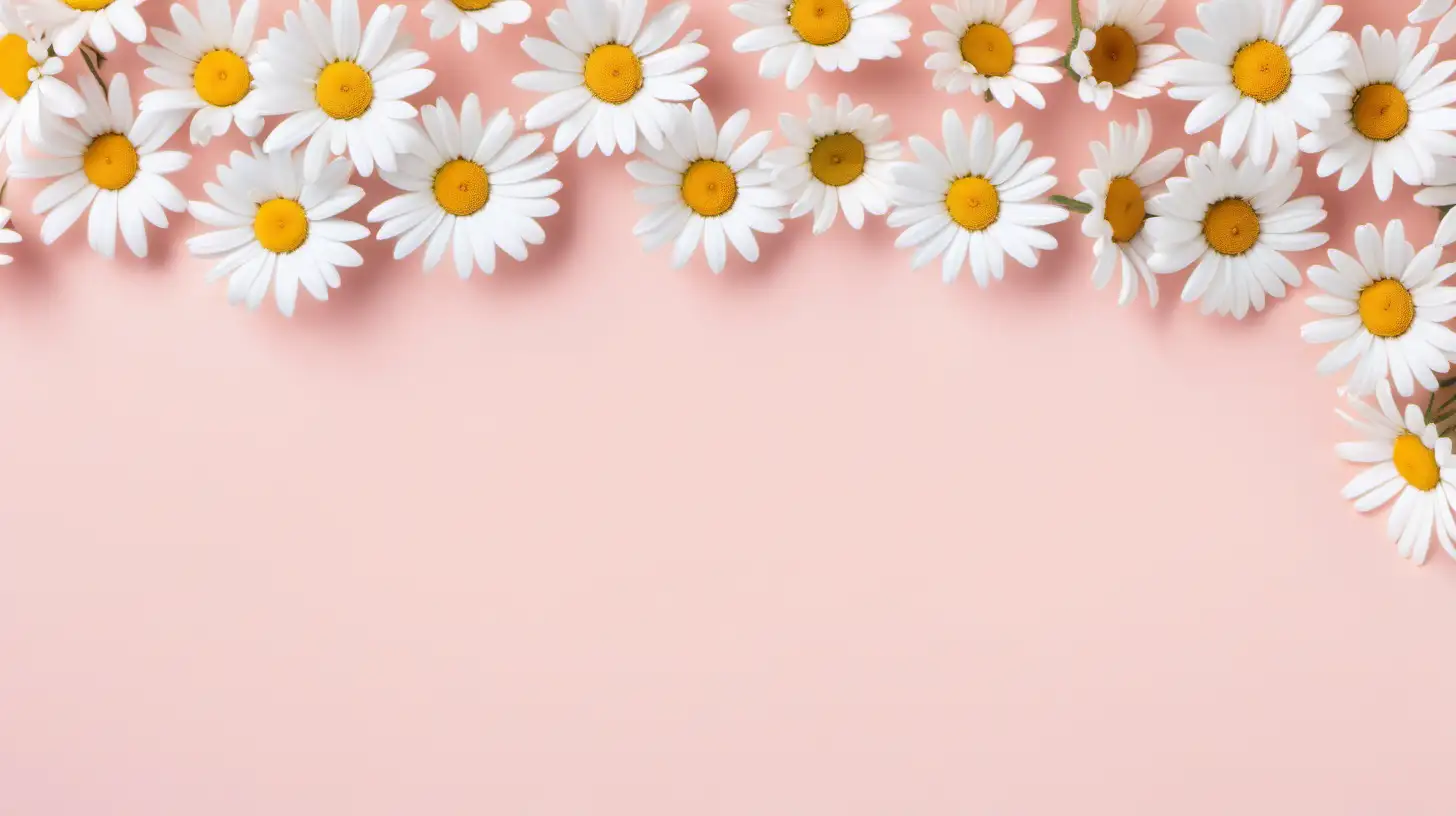 Top View of White Daisy Chamomile Flowers on Pale Pink Background