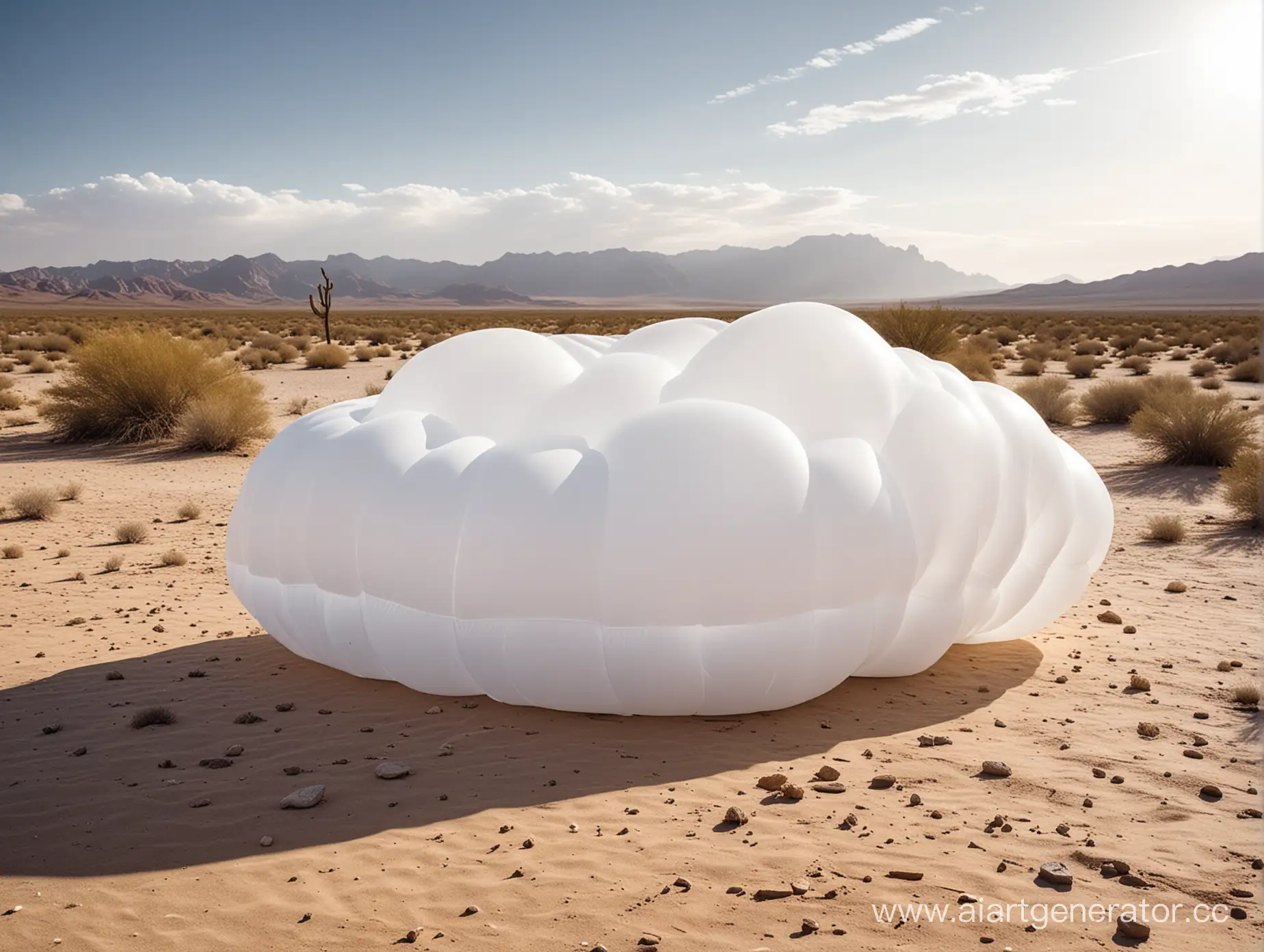 Прозрачное надувное облако белого цвета, лежащее на земле в пустыне 