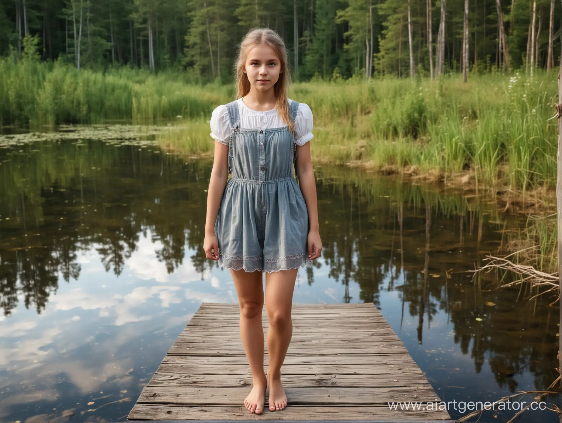 Russian-Girl-Standing-on-Wooden-Bridge-by-Beautiful-Forest-Lake