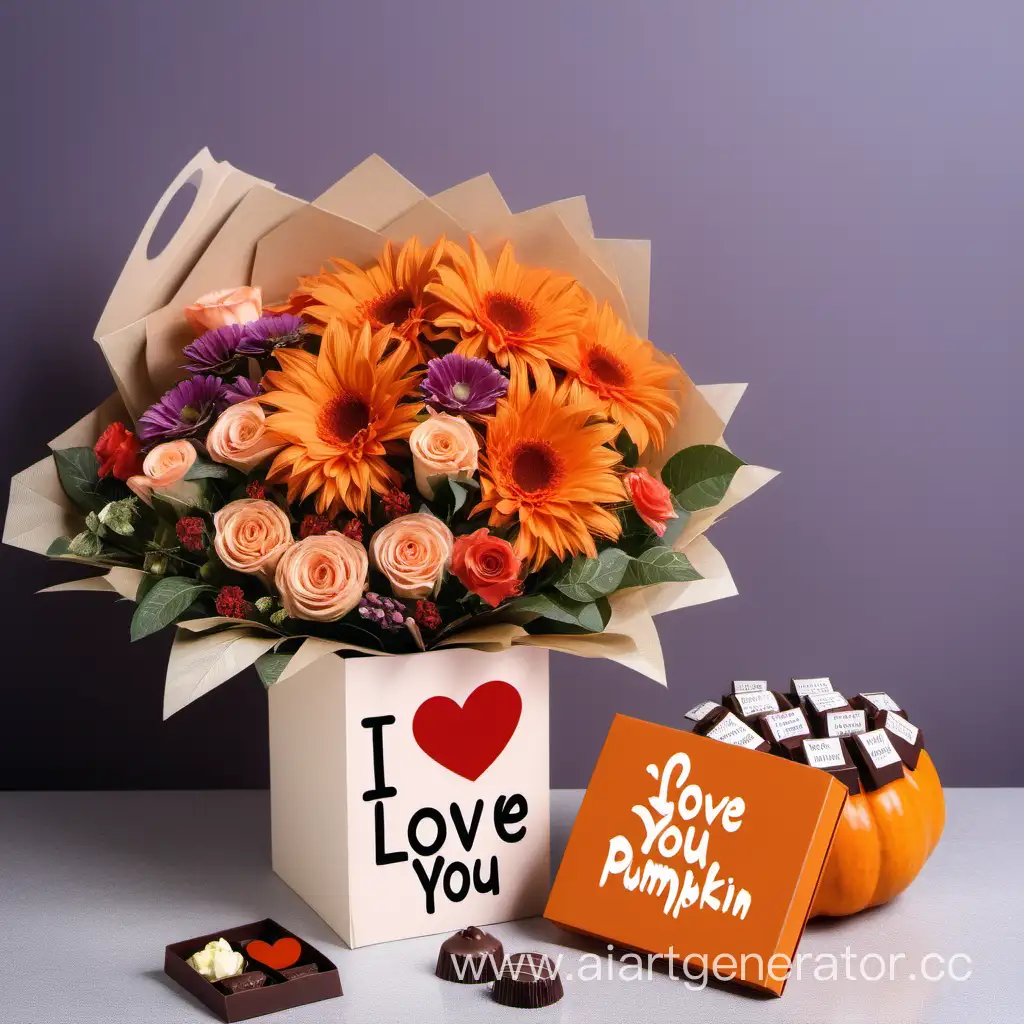 Flowers bouquet and chocolate box with words "I love you Pumpkin"