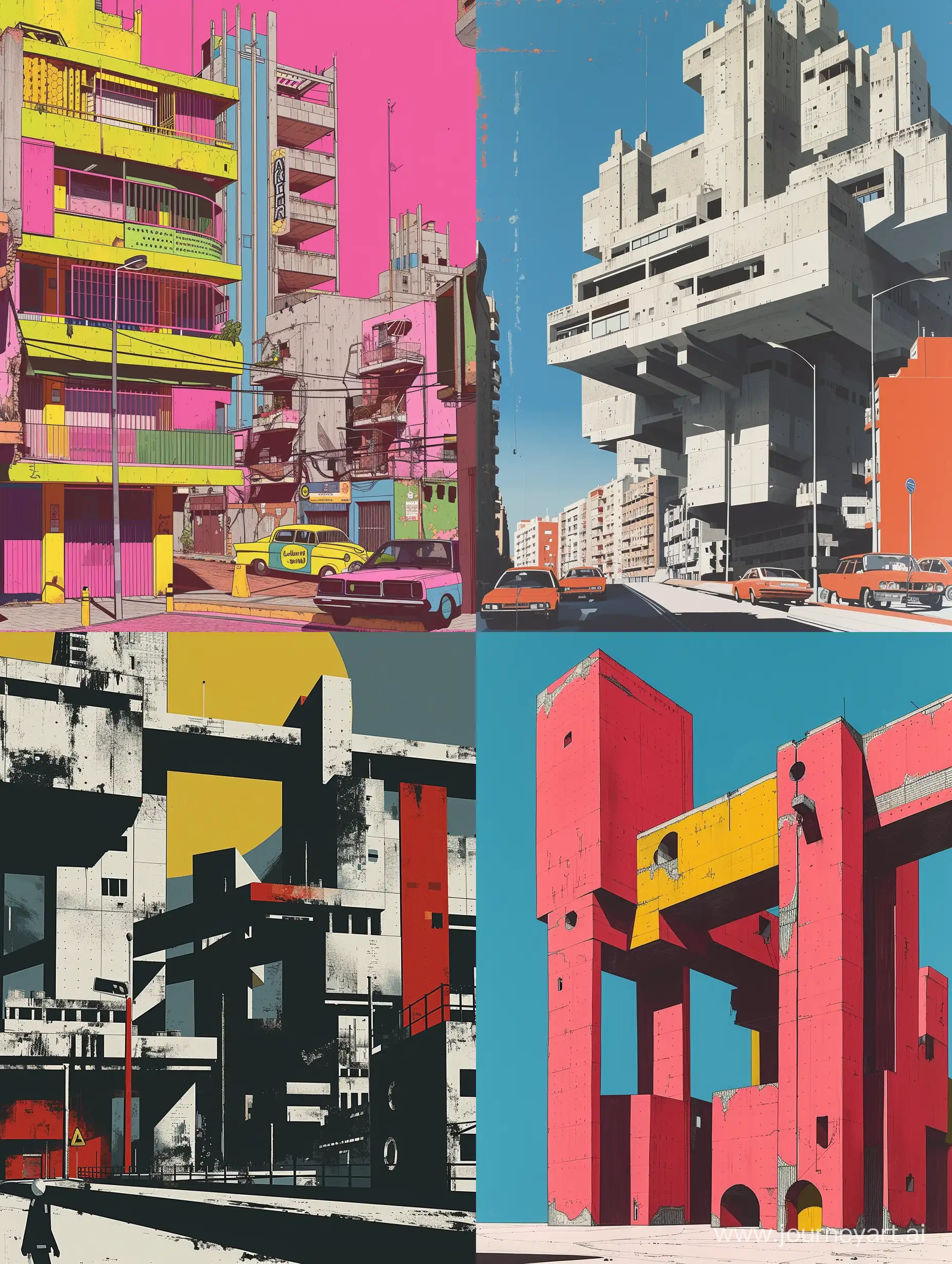 City Pop Art Style Brutalism structure Scene Inspired by Hiroshi Nagai in Spain