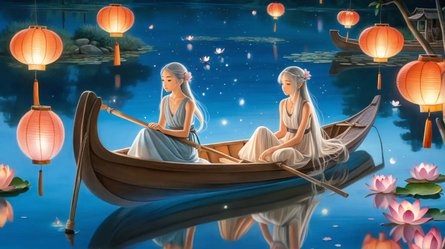 Enchanting GhibliInspired Painting Ethereal Princess and Moonlit Boat Ride