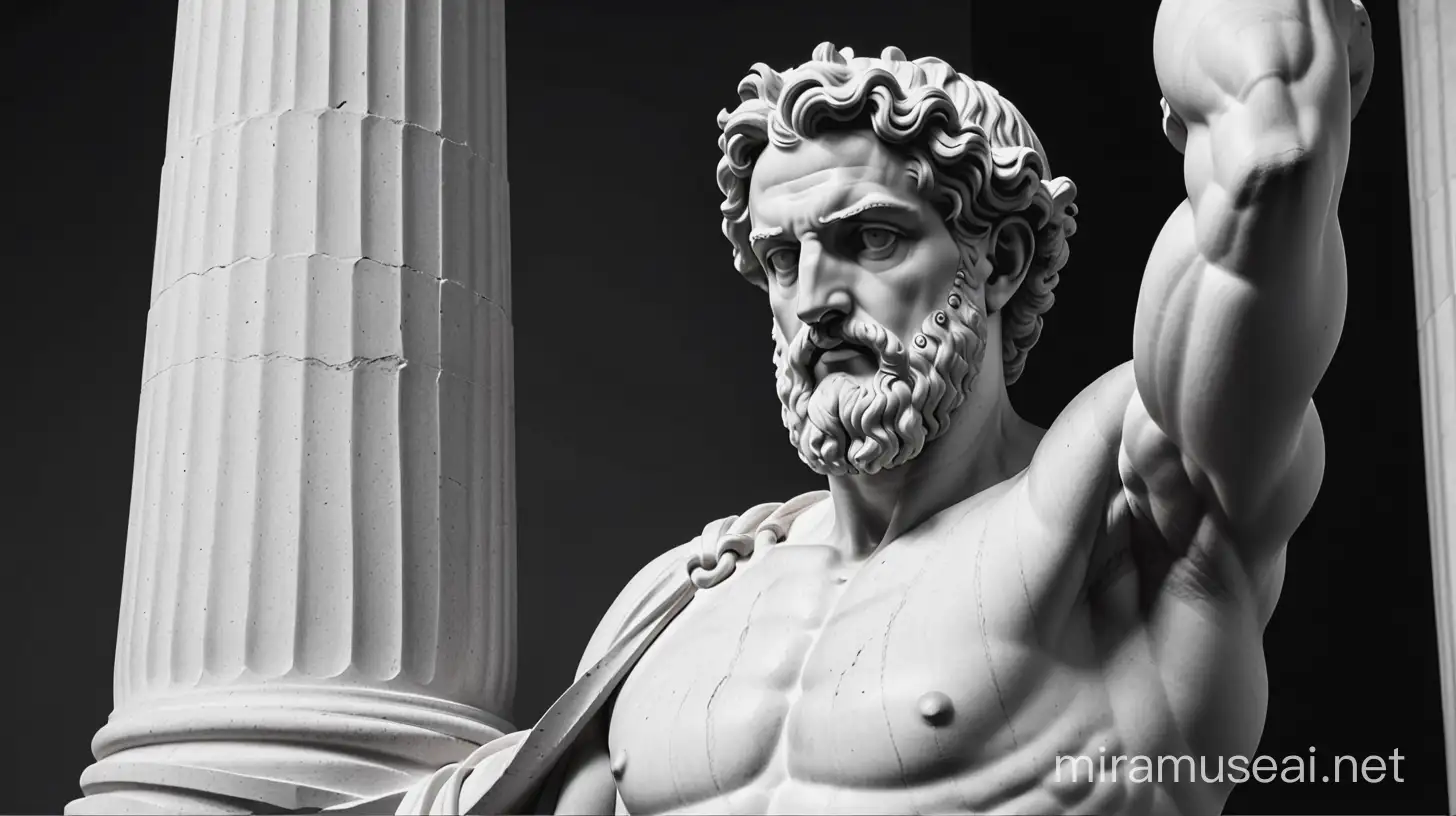 Generate a youtube thumbnail with a greek sculpture in it . the video is about stoicism.black and white theme

