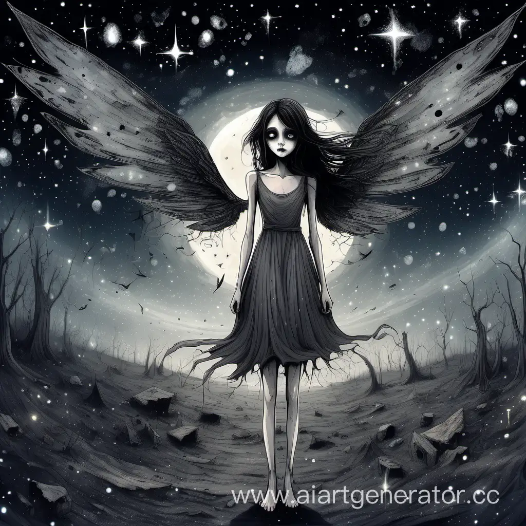Slender, sad girl,in a gray-black torn short half-translucent dress, Fairy brunette with big eyes, similar to a bony death with dark dilapidated ragged wings soars on the expanses of an inexplicable unknowable endless space full of stars