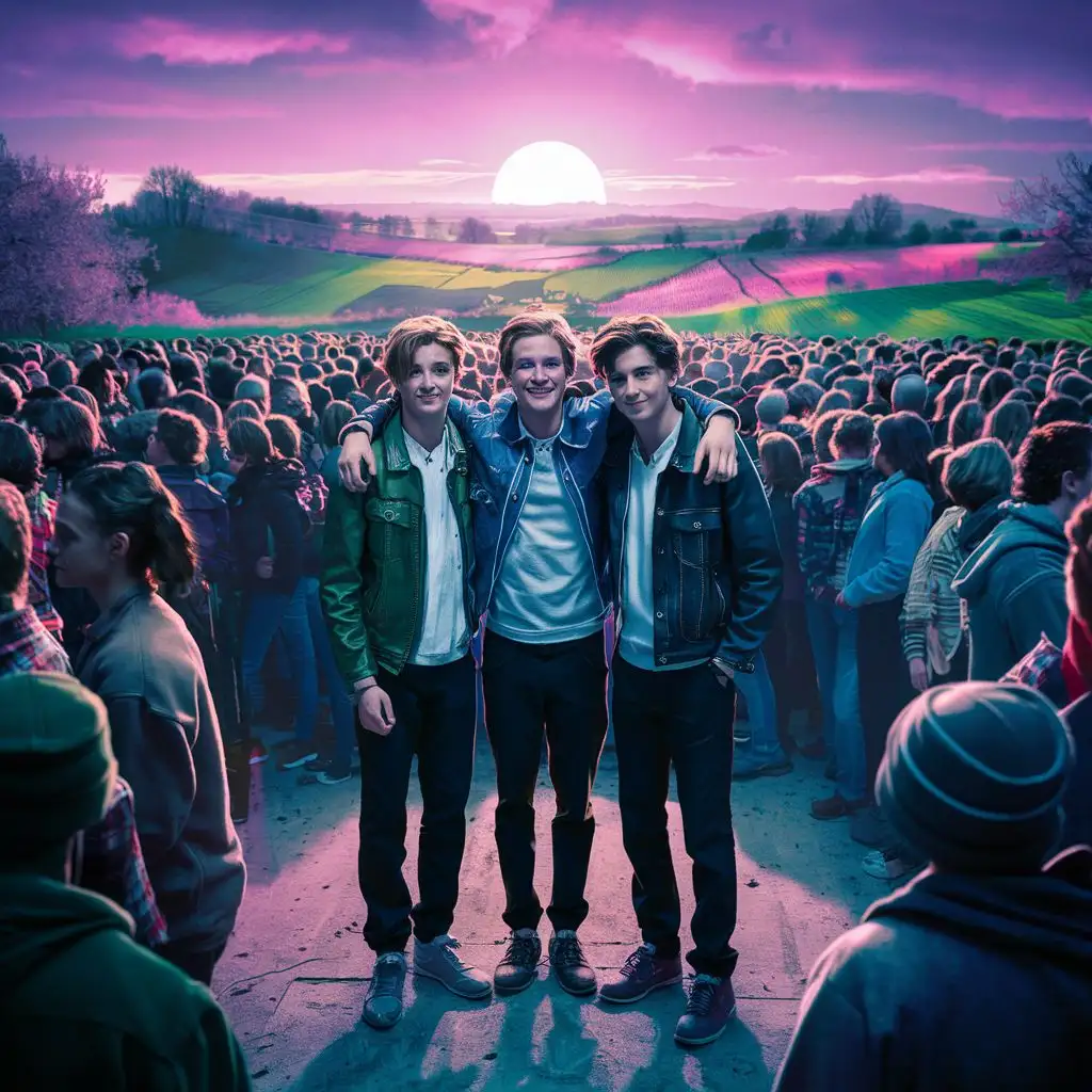 Три парня стоят рядом, за ними толпа людей, на заднем фоне розовый весенний пейзаж