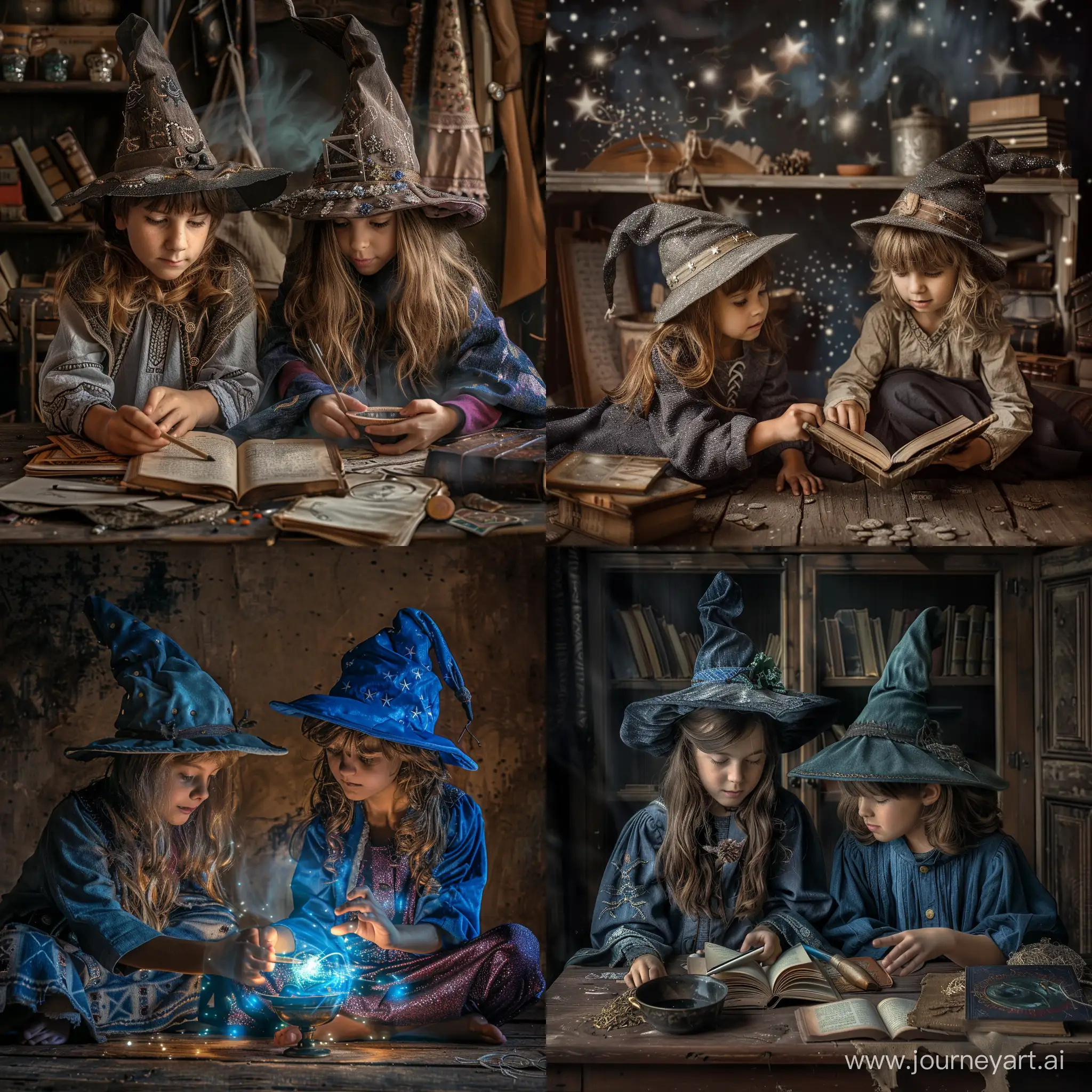Мальчик и девочка играют в волшебников, фотография, гиперреализм, высокое разрешение
