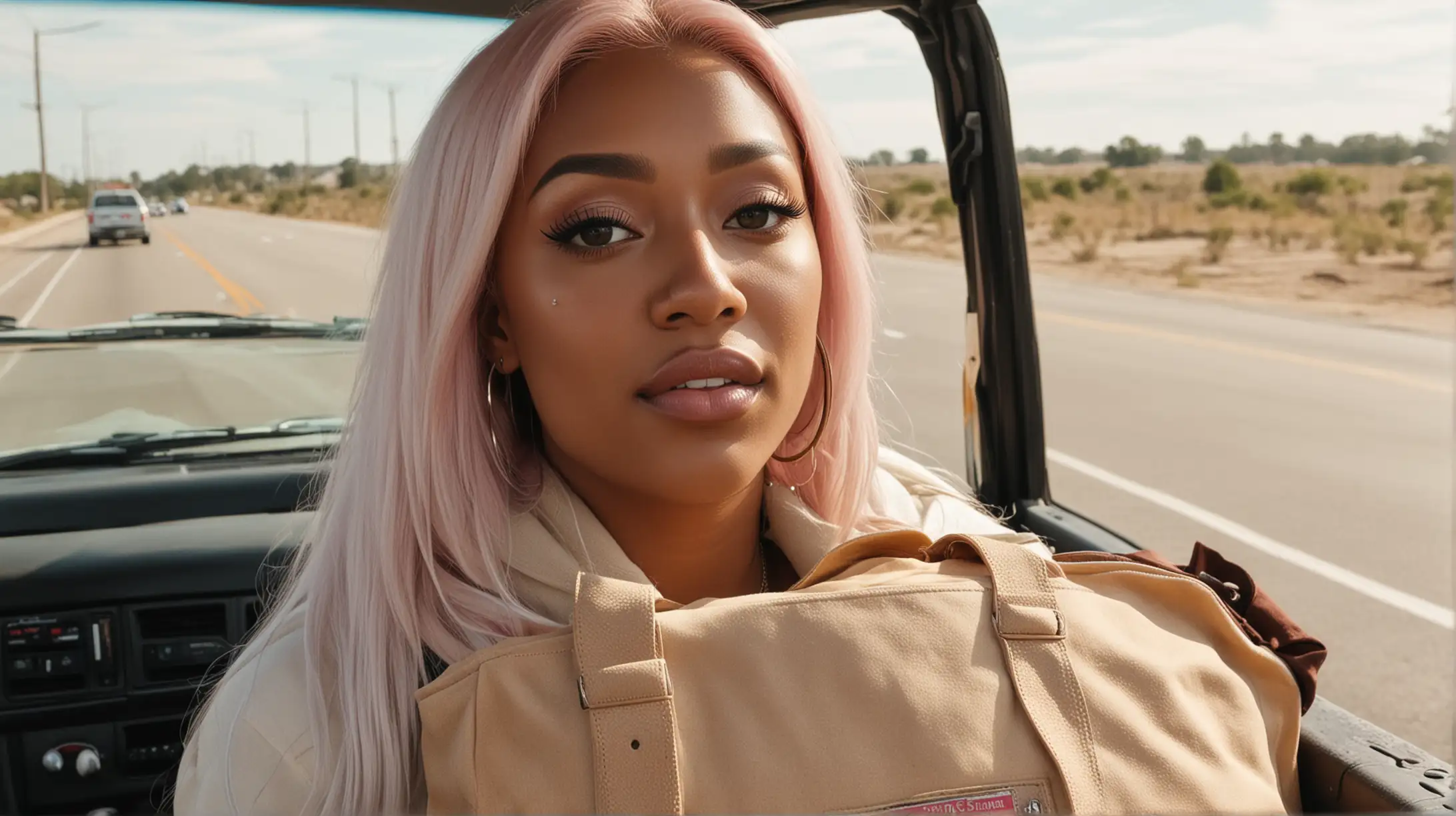 A  close up of a teary eyed Meg Thee Stallion drives a pickup truck down a Southern highway. There's a tan duffle bag next to her in the car.