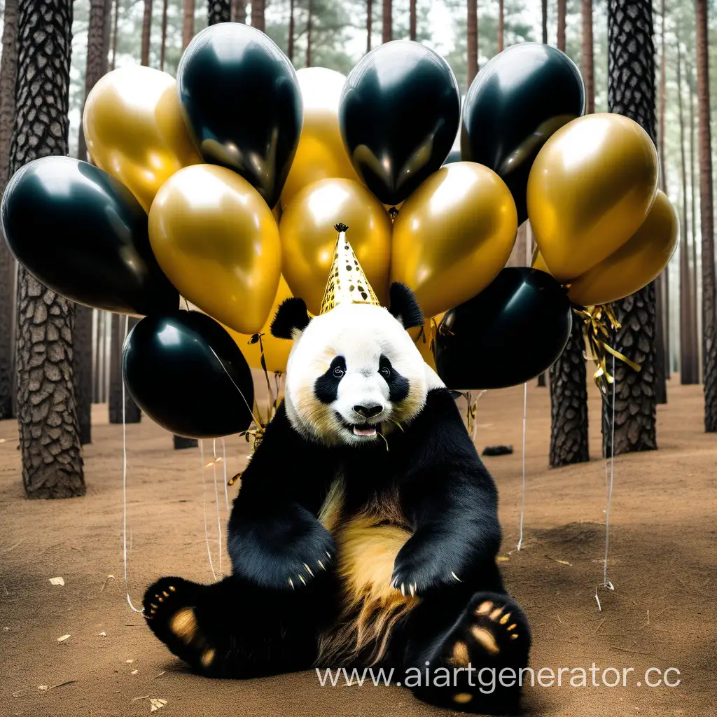 Panda bear posing for a camera with black ang gold birthday balloons in a pine forest
