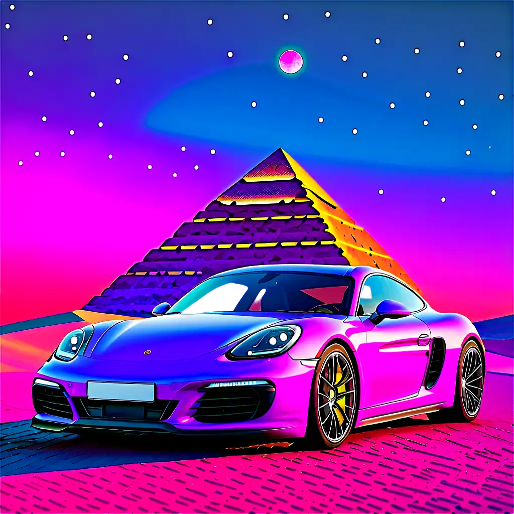 A futuristic porsche car in purple tones is parked in front of a pyramid and a pink glowing moon. The sky is filled with stars and there are reflections on the ground.