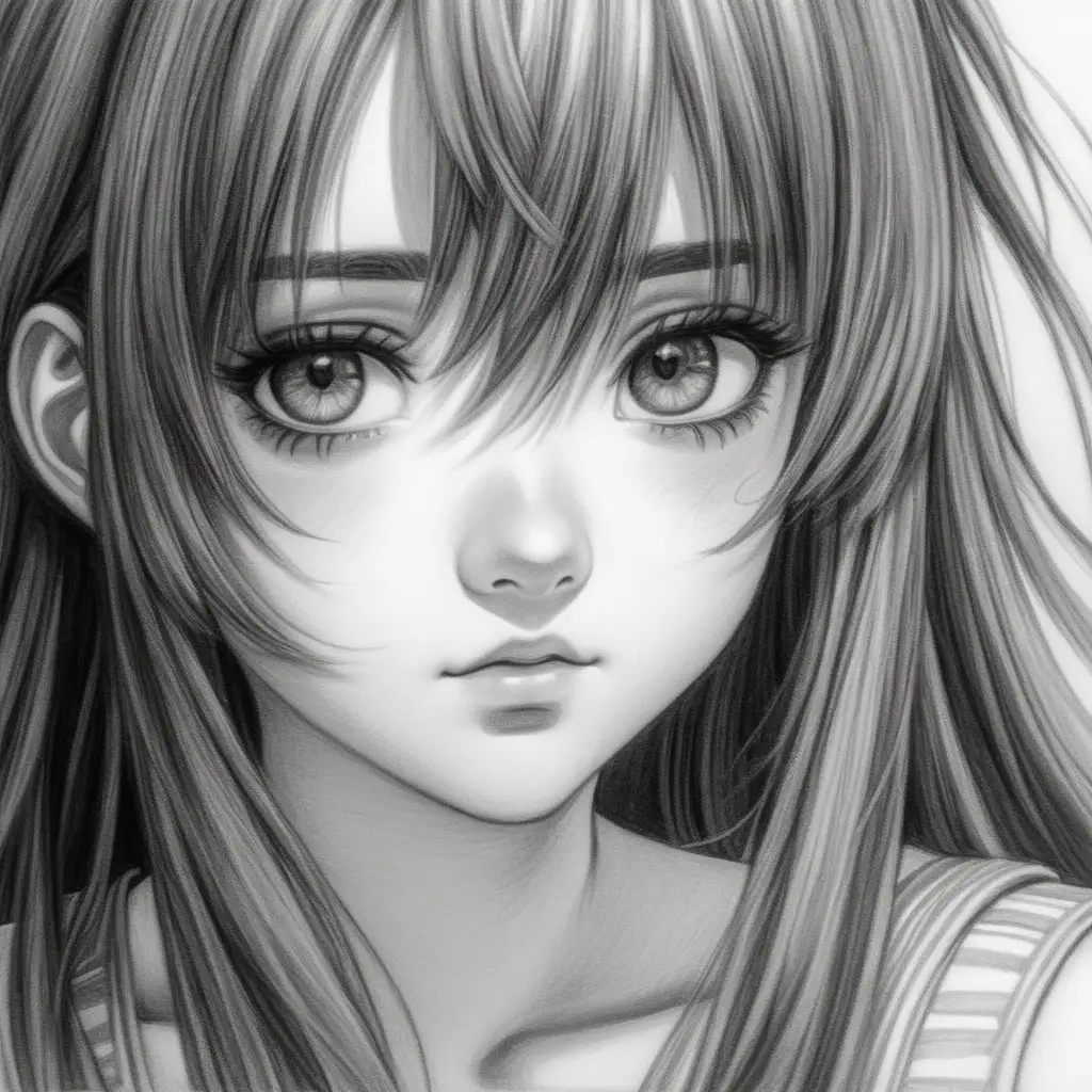 Captivating Anime Girl Portrait Delicate Features and Expressive Eyes in Charcoal Sketch