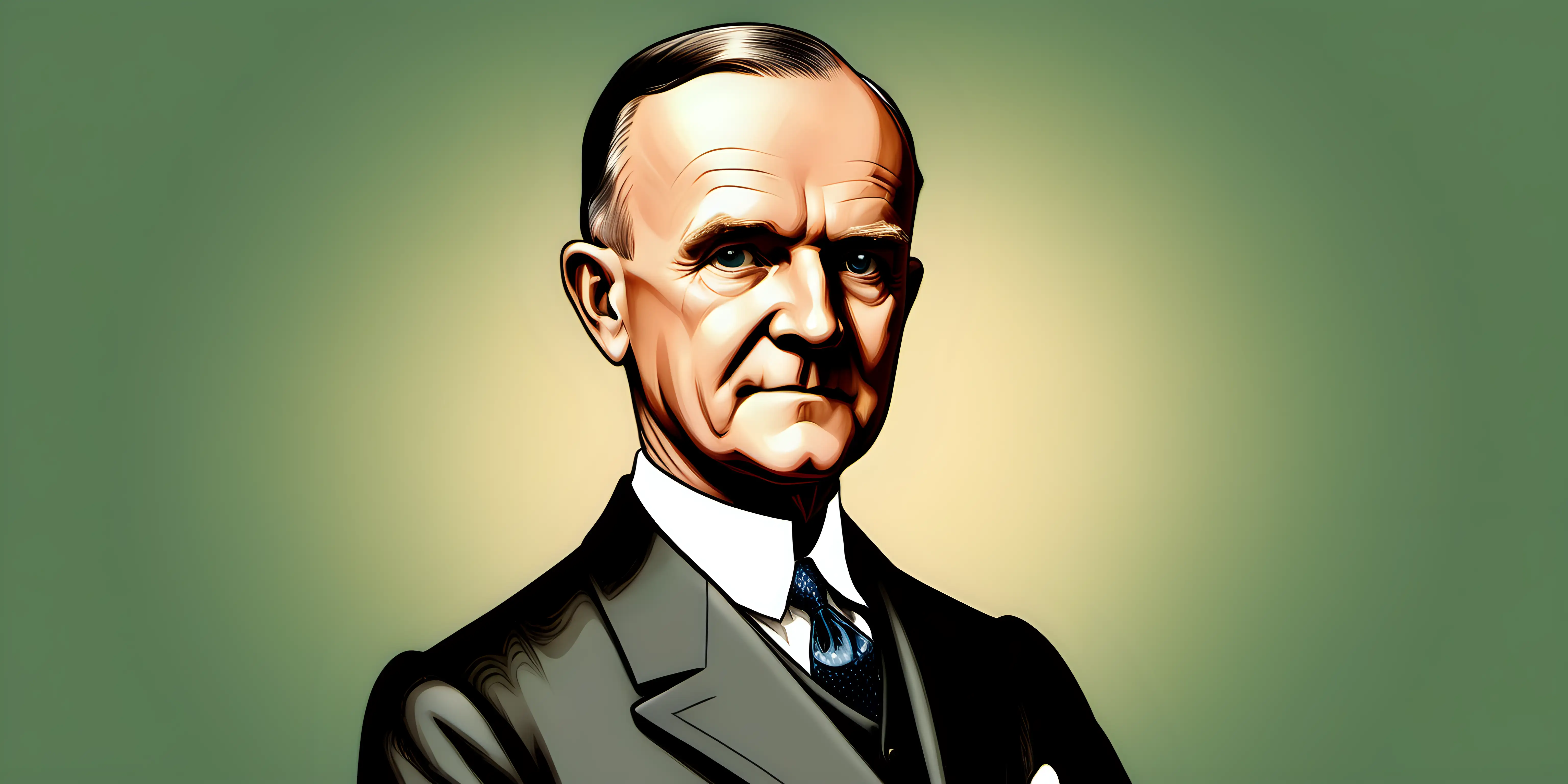 Cartoon Illustration of Calvin Coolidge on a Vibrant Background