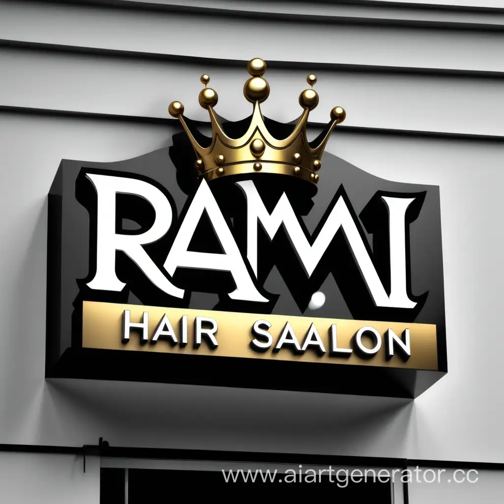 need to creat a sign for my business front . It will be called "Rami Royal Hair Salon ".

Colors combination : gold,silver,black,white . 

Make two capital R letters with crown on top of them 

. Make it look luxurious and be creative .
