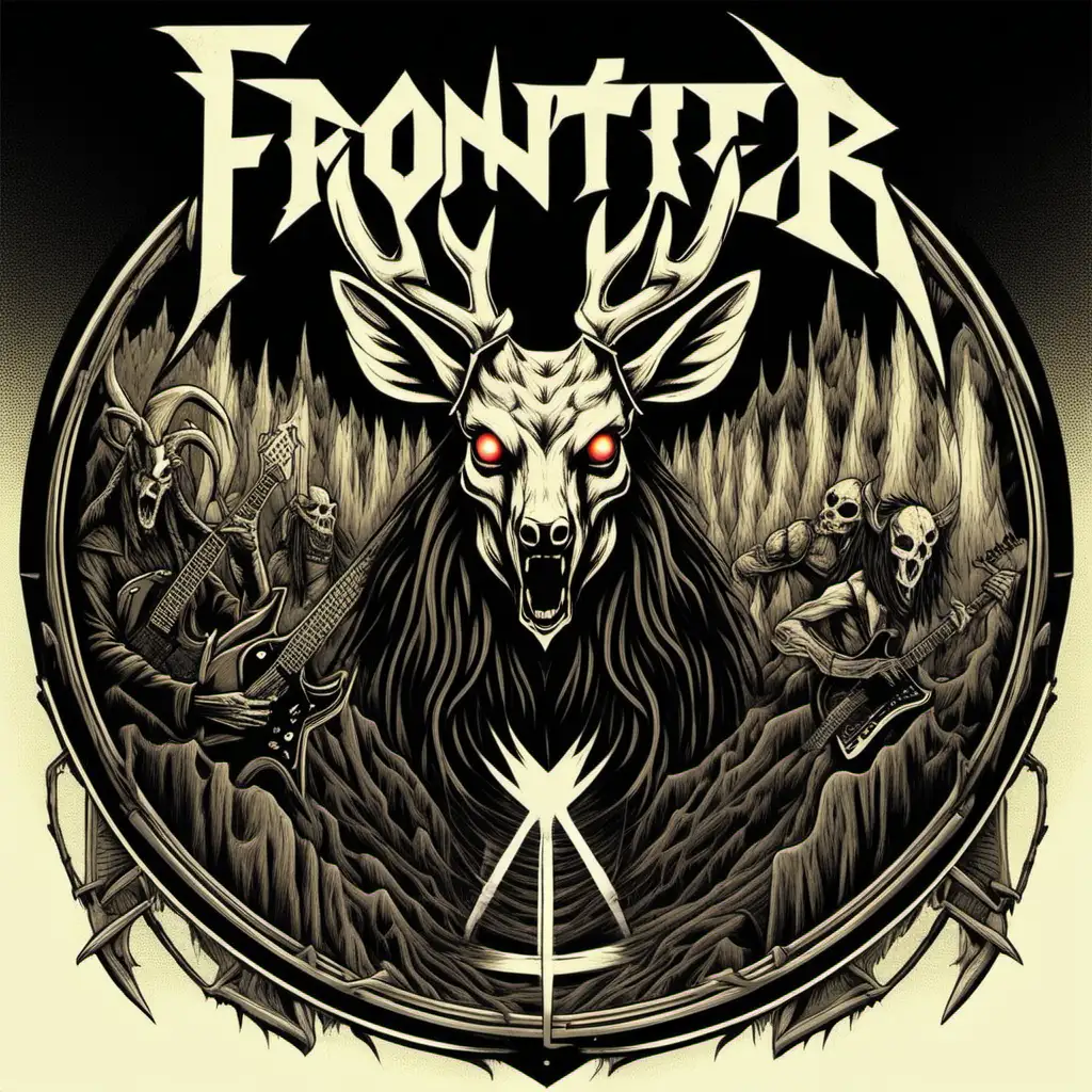 I am trying to create an illustration in the style of a heavy metal record cover. The illustration must include the band name: "FRONTIER". I would also like it to include a deer head with glowing red eyes, an electric guitar, and the number "1". Choose color palette and complexity to optimize for print.