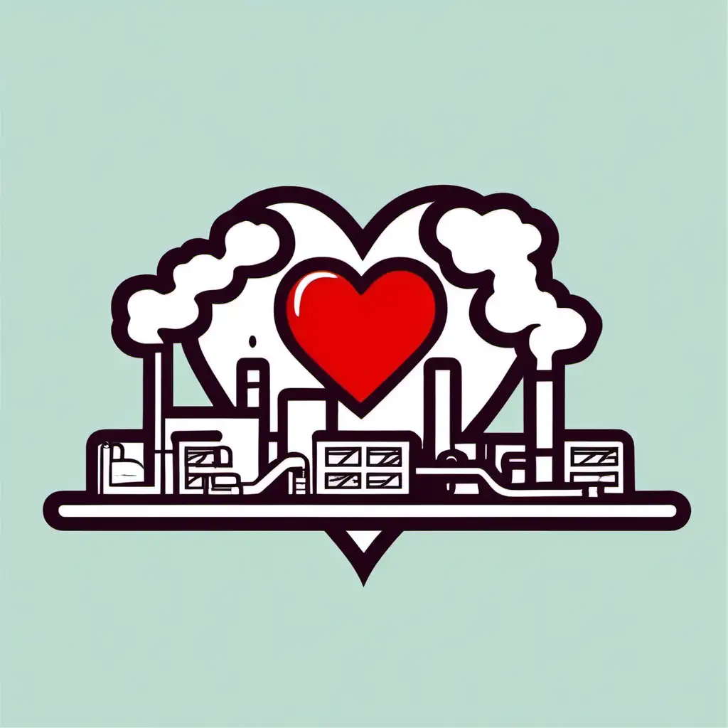 clip art red heart , 
chemical plant in background,  simple











