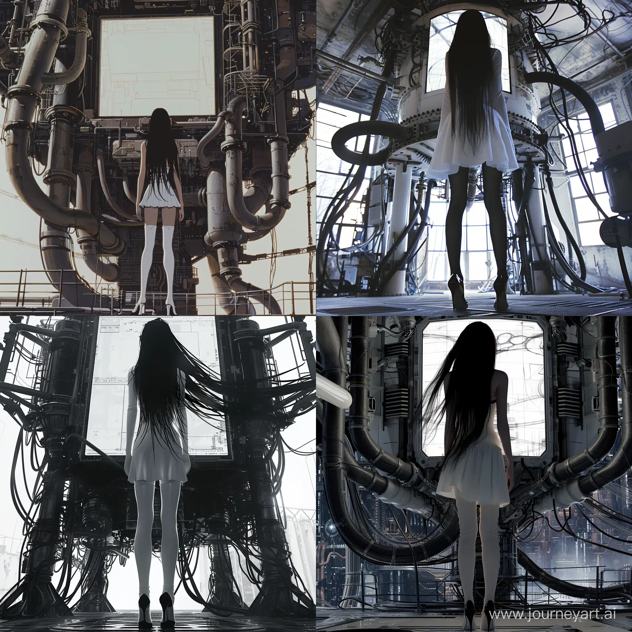 Ethereal-Woman-in-White-Dress-Stands-Before-Enigmatic-Alien-Machinery