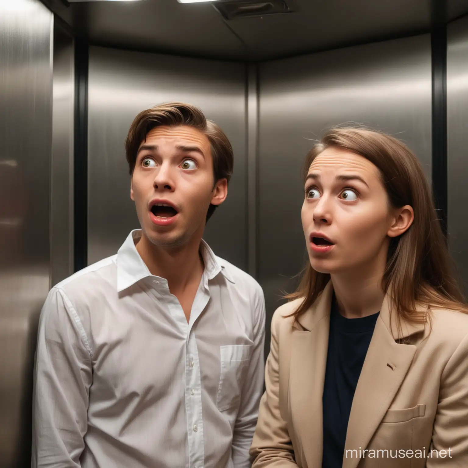 Deux collègues une fille et un garçon qui se regarde surpris
 dans un ascenseur