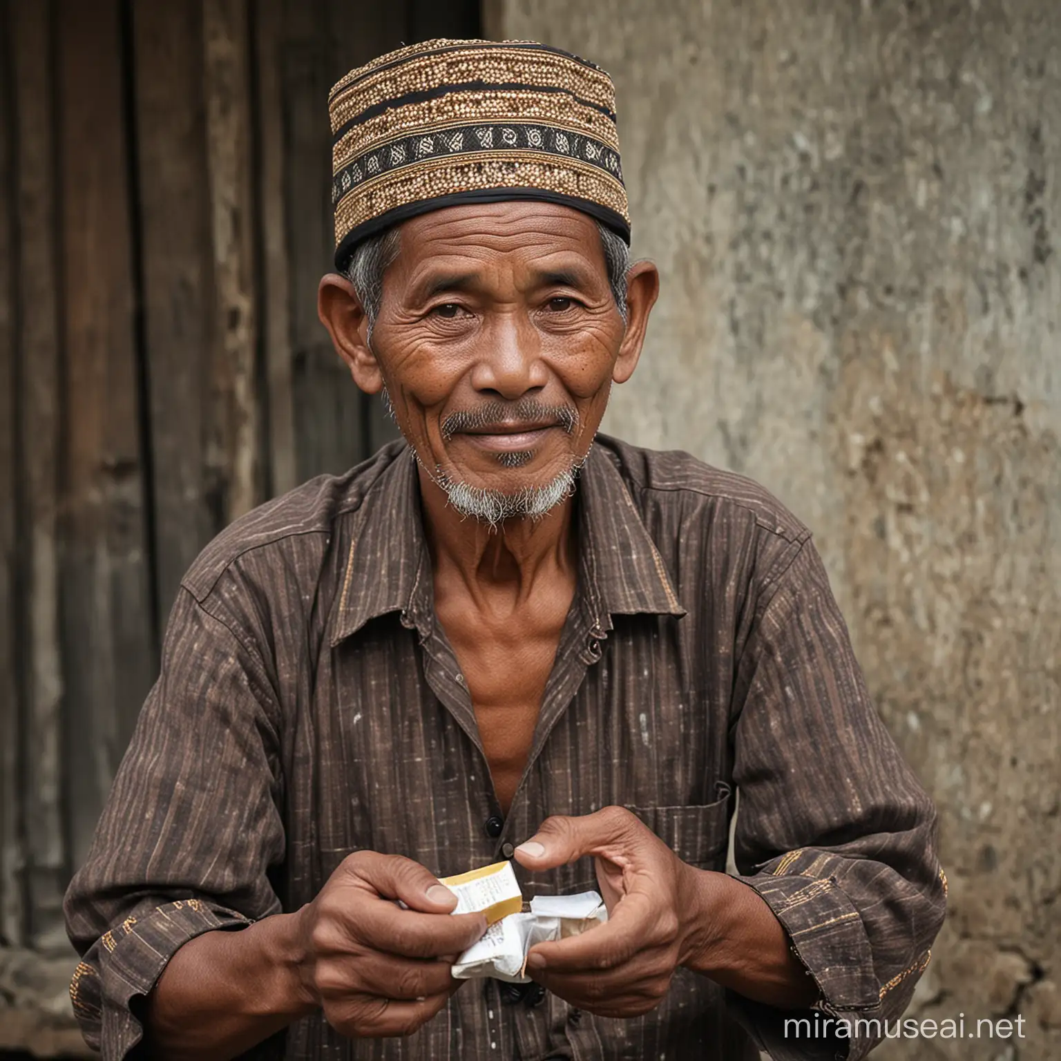 Seorang pria indonesia memakai kopiyah, umur 55 tahun, memegang obat kuat, dan menawarkannya kepada orang lain