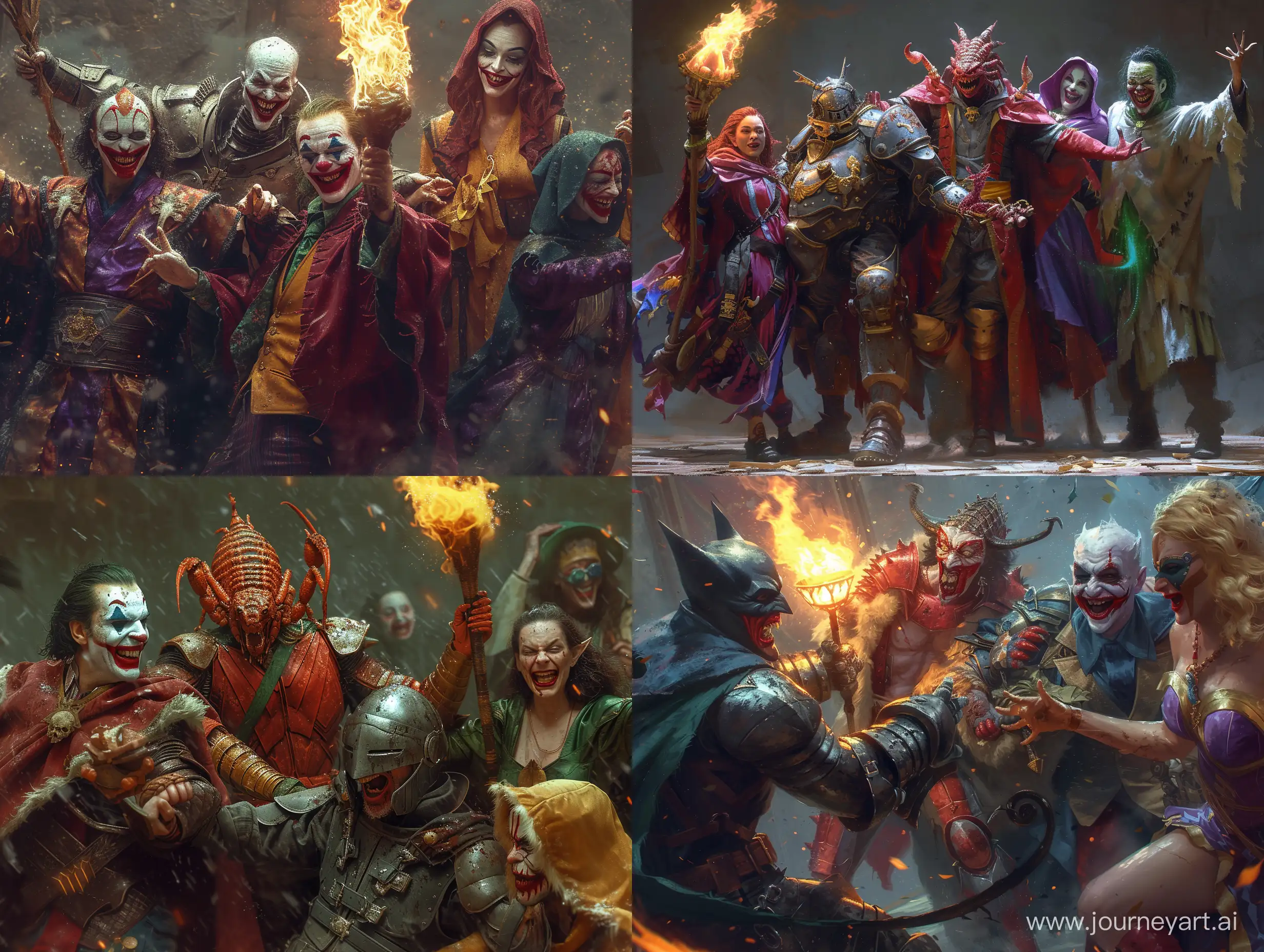 A group consisting of a scorpion king, a wizard, an armored man with a torch, a judge and a joker.
 The Armored Man with the Torch fights the Scorpion King and the Joker laughs at them while the Enchantress casts a spell on everyone while the judge judges. hyper ultra realistic action with hyper realistic skin details. Cinematic action pose. --v 6.0 --s 250