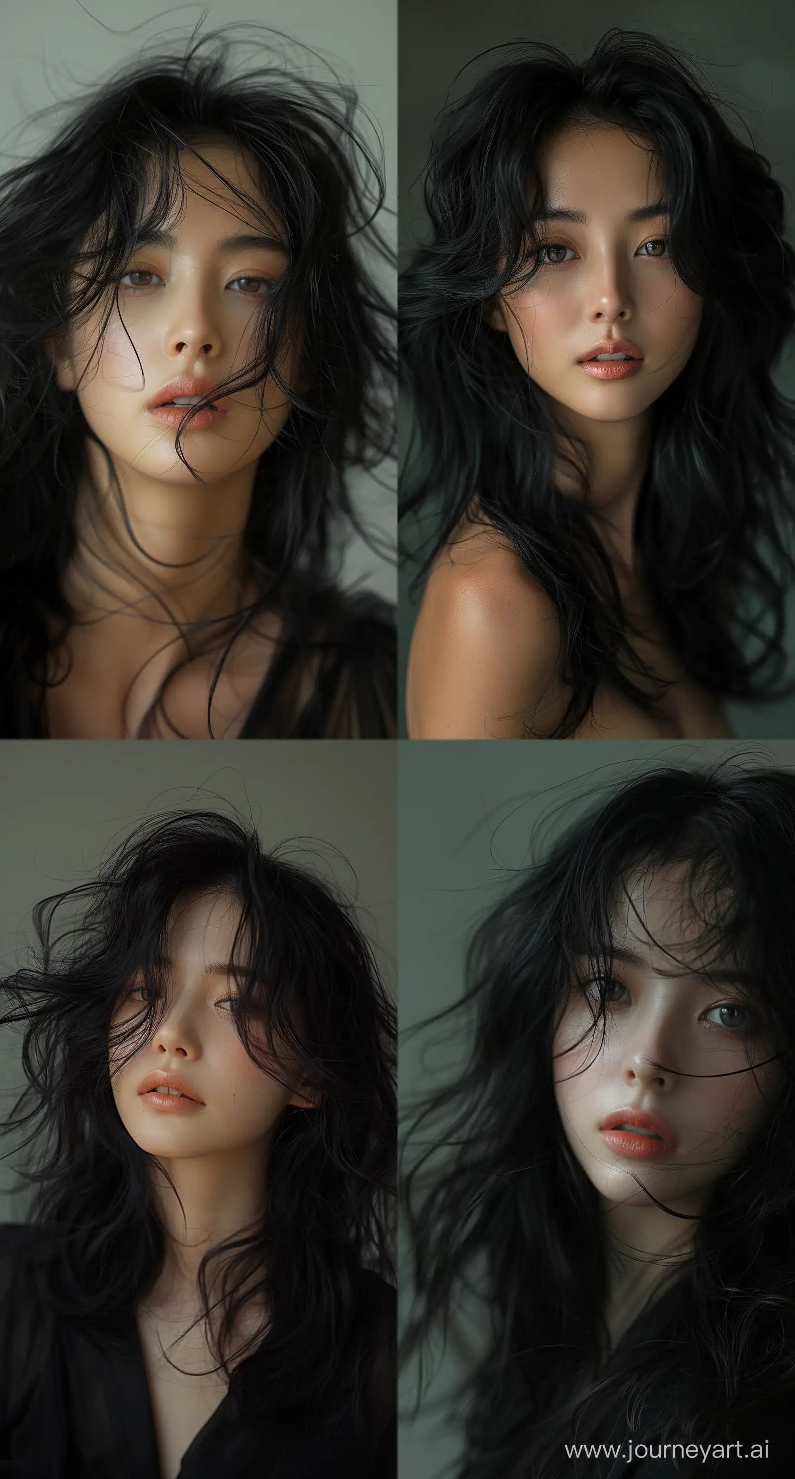 a woman with flowing, black hair is posing, in the style of dain yoon, soft edges and blurred details, captures raw emotions, multilayered, soft edges, wavy, distinct facial features --ar 69:128 --stylize 750 --v 6