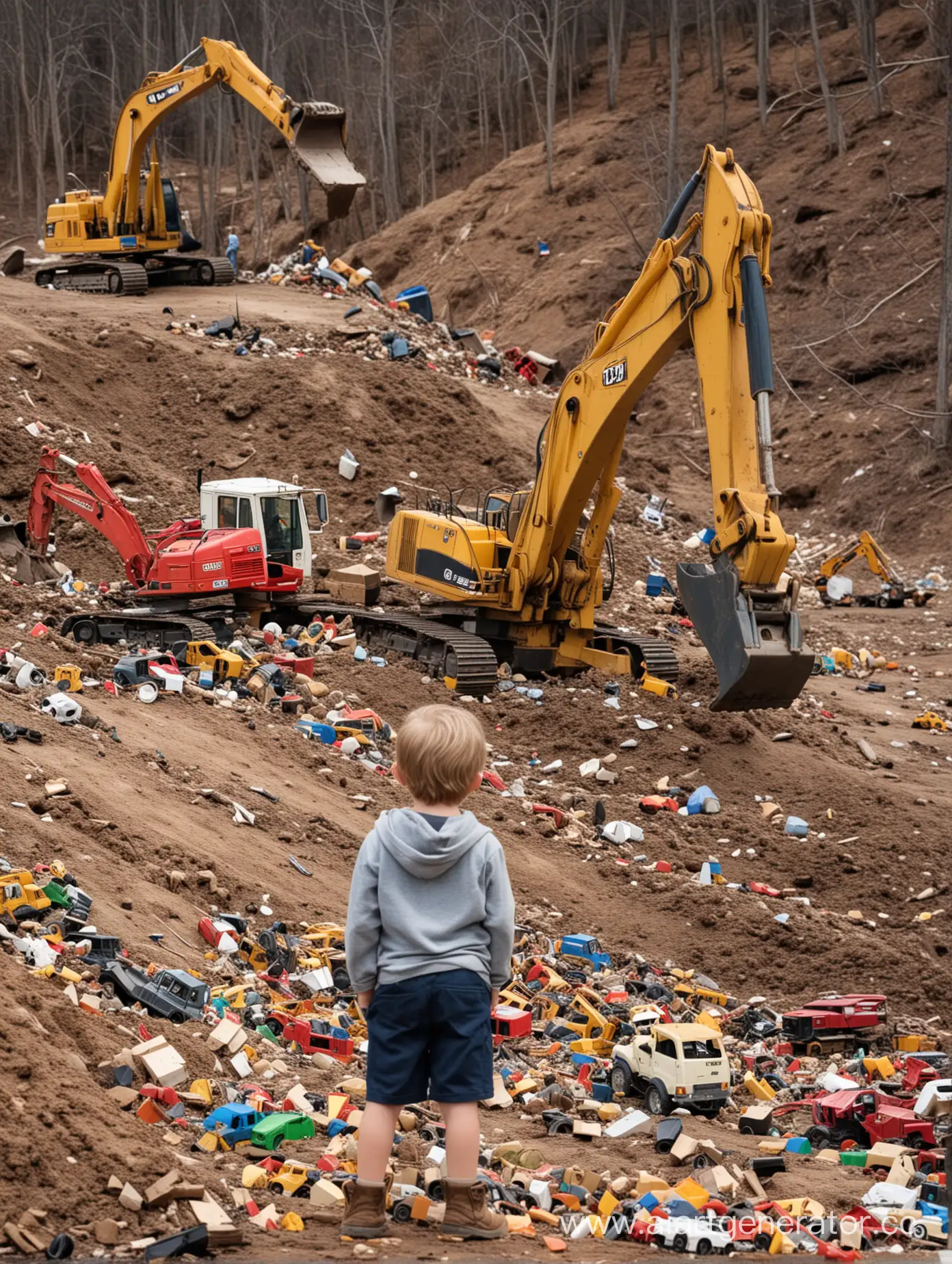 Грустный мальчик смотрит как эскаватор копает гору выброшенных игрушек