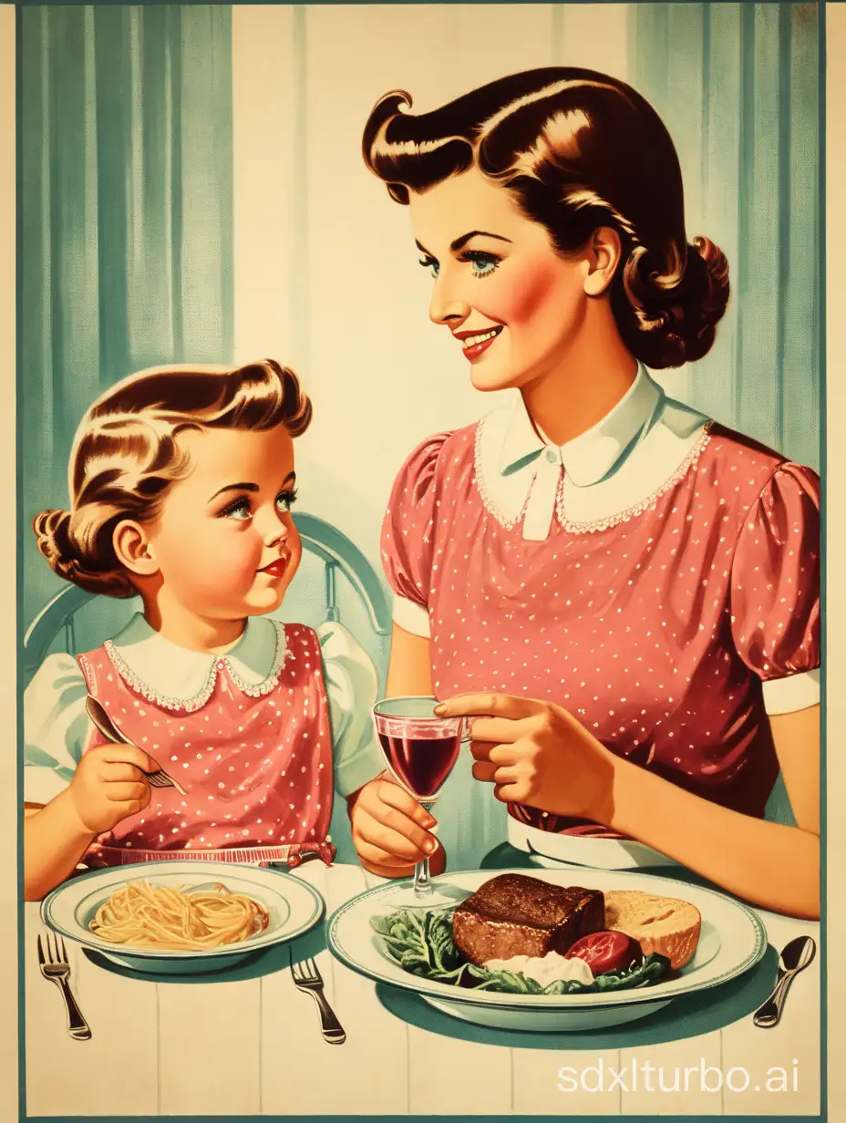 mother and daugther having dinner, vintage poster style