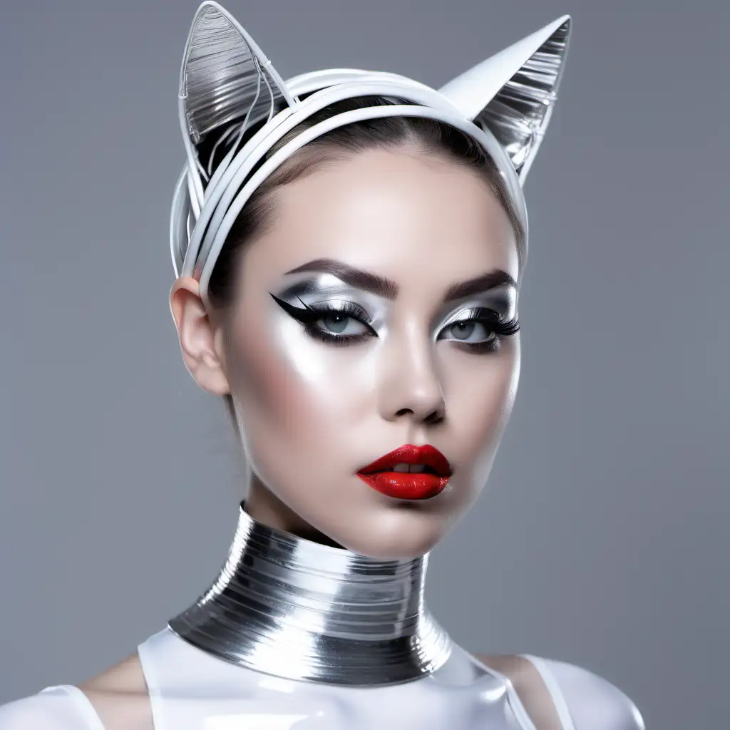 face of a beautiful girl in prostine white surrounding wearing white and silver wires around her head wearing glossy fire red lipstick and black cat-eye liner and a high neck made of silver