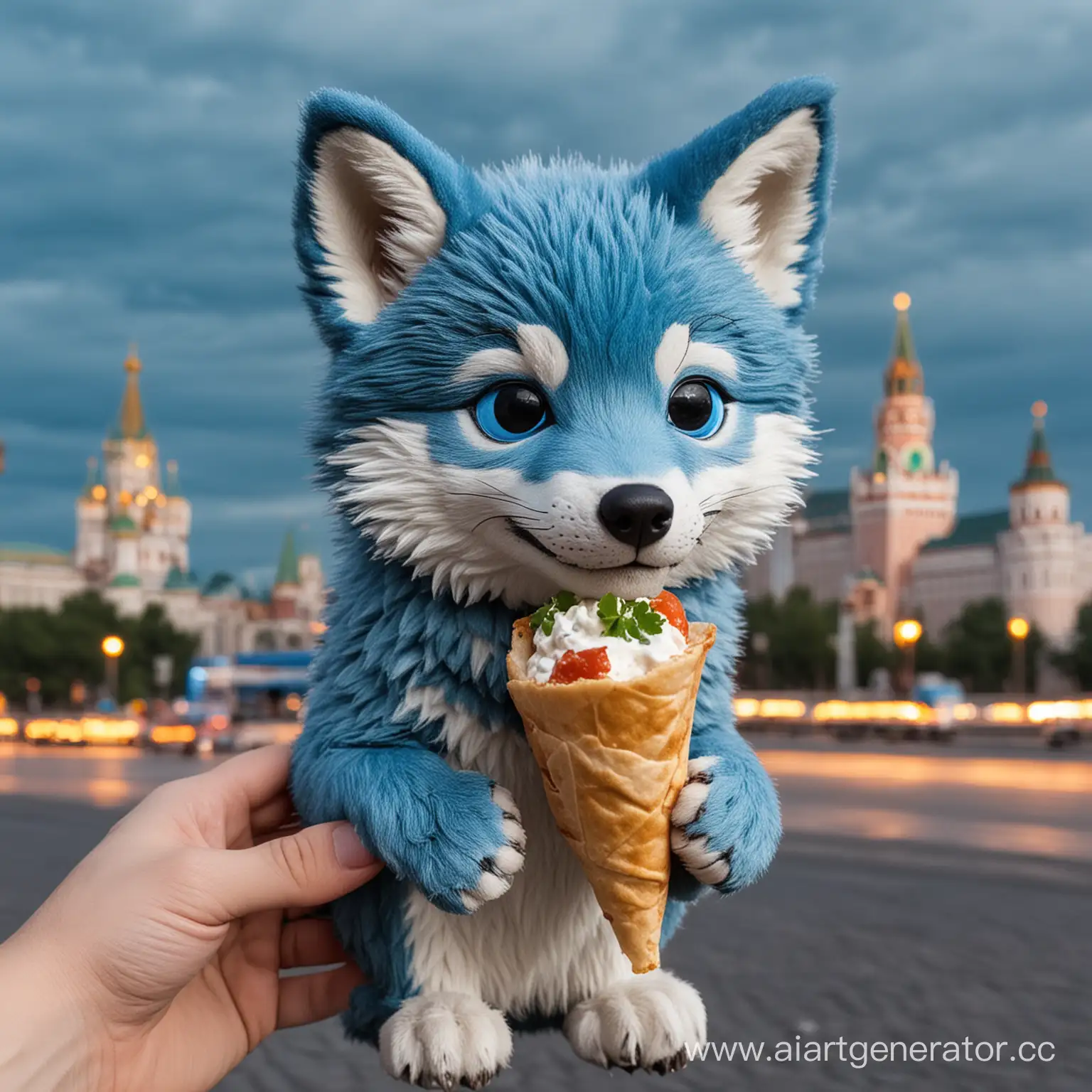 Синий волчонок, на фоне Москвы, с шаурмой в руке.