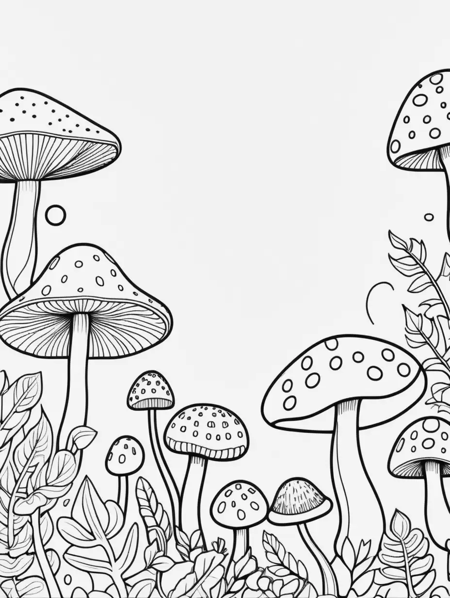 clean black and white, white background, adult coloring book style drawing, 2D, simple line drawing, minimalist pattern vector, doodle art mushrooms
