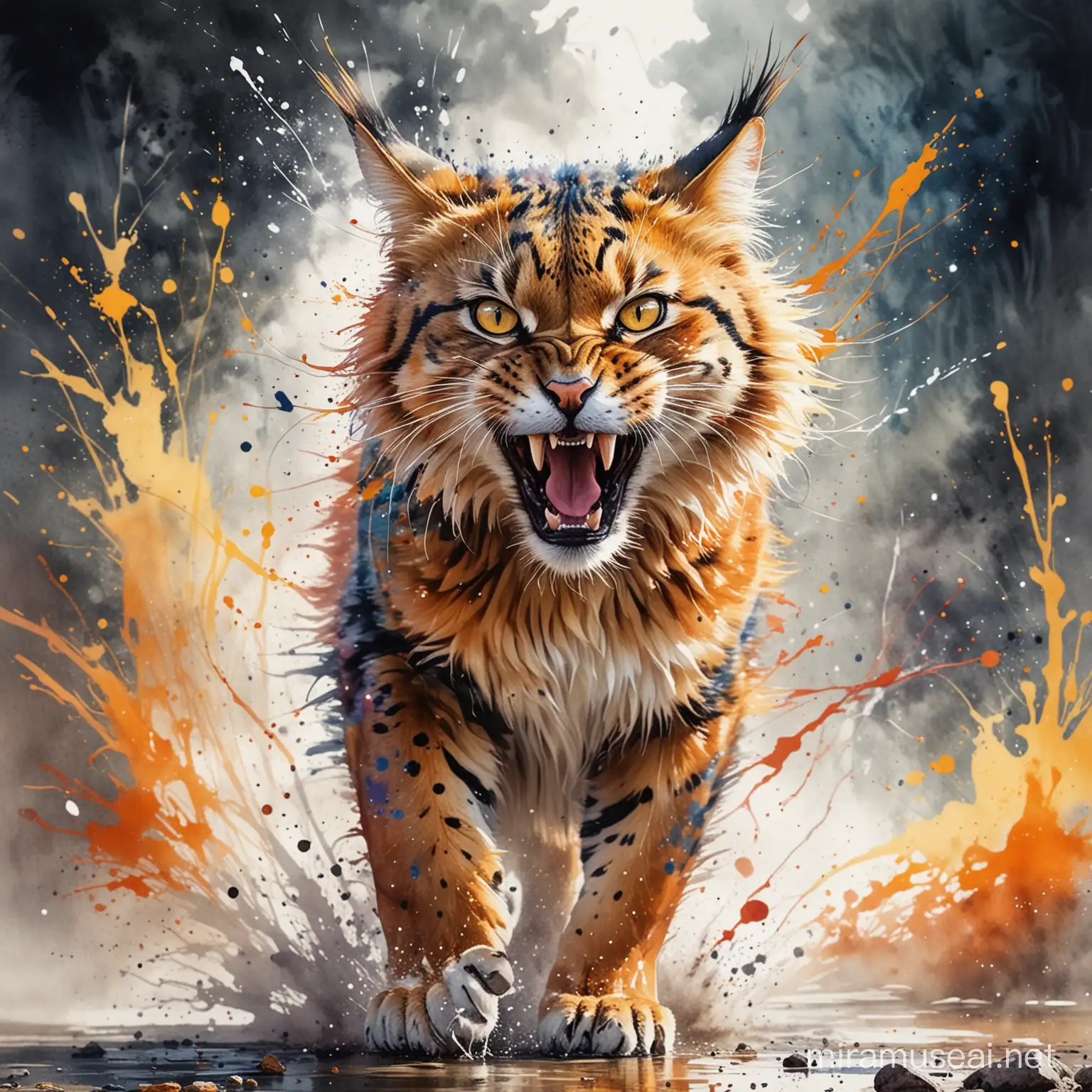 A wild cat in full roar, charging directly towards the camera with a fierce expression. The image is captured in a dynamic watercolor style, showcasing vibrant colors and fluid brushstrokes. Splashes and splatters around the cat suggest its swift movement and wild energy. The body is particularly detailed with bright colors to emphasize its impressive size and the cat's regal presence.