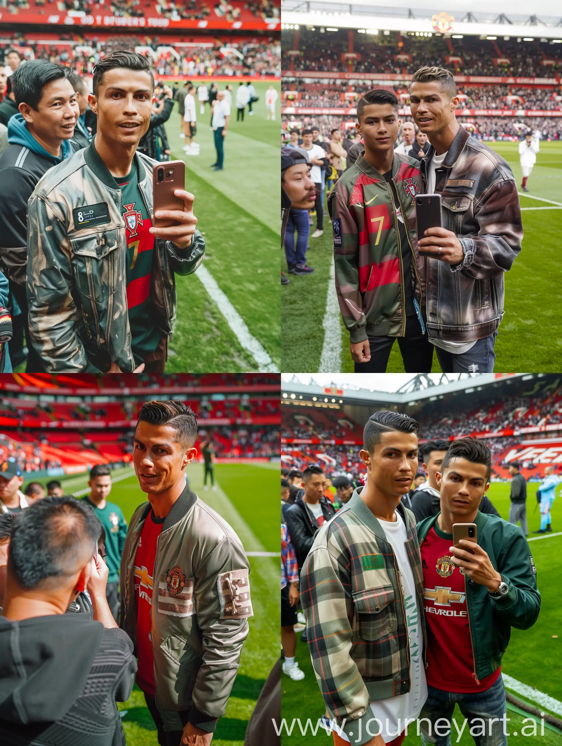 Potrait menghadap depan kekamera Seorang lelaki tamvan asal Indonesia berumur 16 tahun  mengenakan baju jaket trucker. Lelaki itu sedang berfoto bersama seorang Cristiano Ronaldo yang mengenakan jersey Portugal. berfoto di atas rumput lapangan stadium old Trafford banyak orang. Kualitas 8K HD. foto asli.