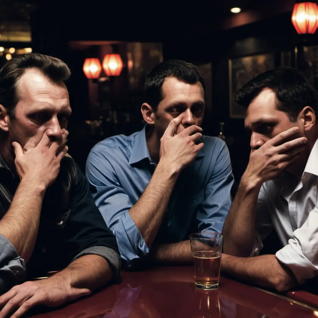 Group of Men Whispering Secretively at a Bar Table