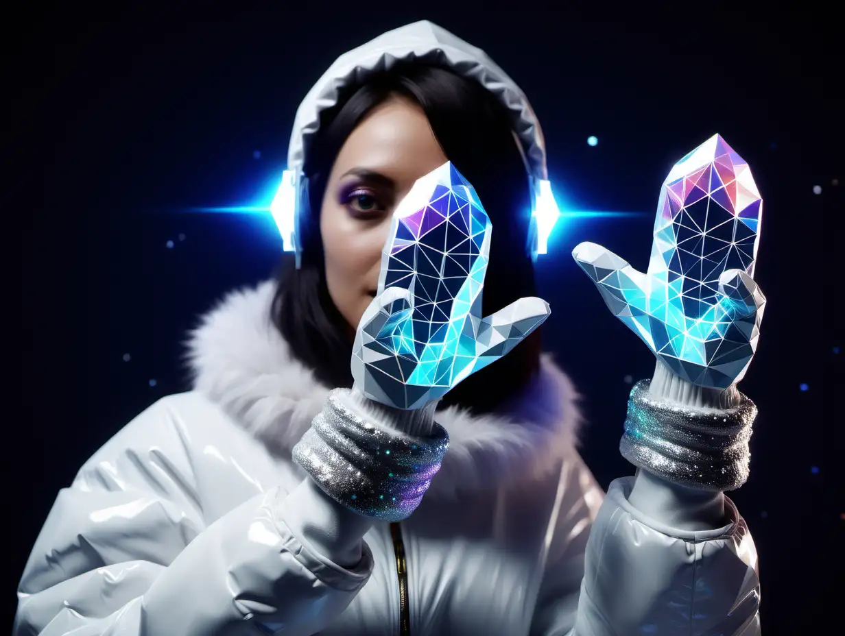 Low Poly Mittens with Fur Crystals Space Holography Photo Shoot