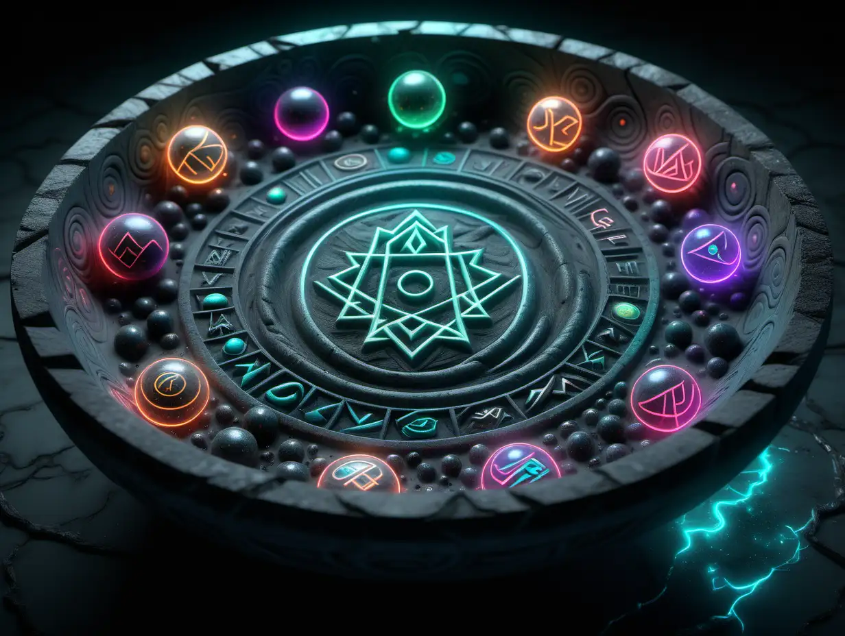 a shallow stone bowl carved with psychedelic neon runes and symbols, the Pensieve. filled with a black ethereal vapor. bubbles and orbs floating. marble. holographic. very intricately and microscopically detailed. ultra realistic blender sfm textures.