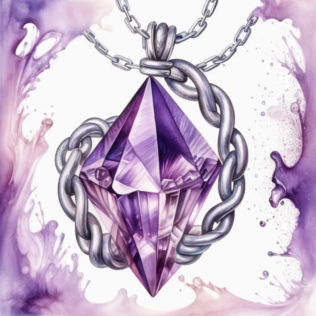 arcane purple crystal with coiled chain, watercolor drawing, no background