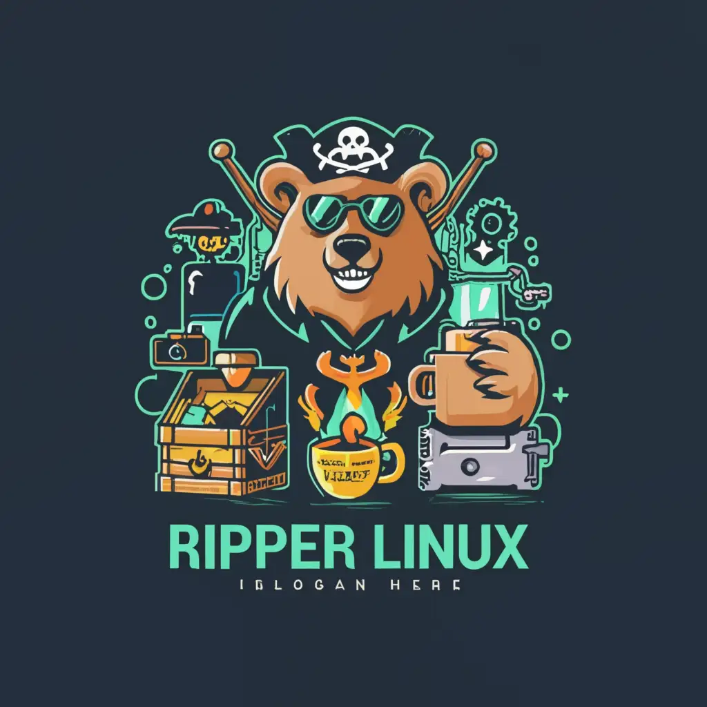 a logo design,with the text "ripper linux", main symbol:a pirate bear with tech related things around it,complex,clear background
