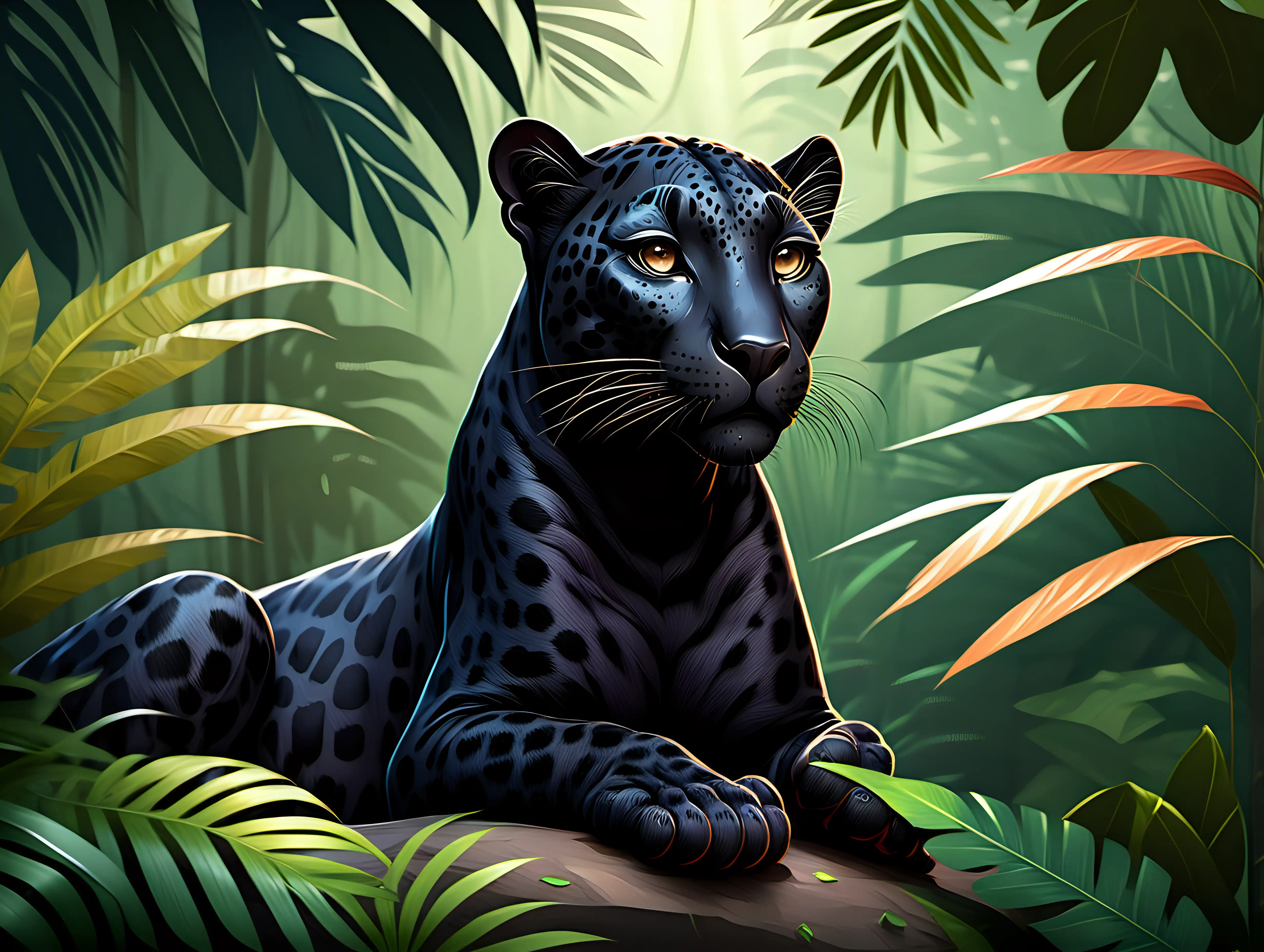 a kind and gentle female black leopard in the jungle for a children's book