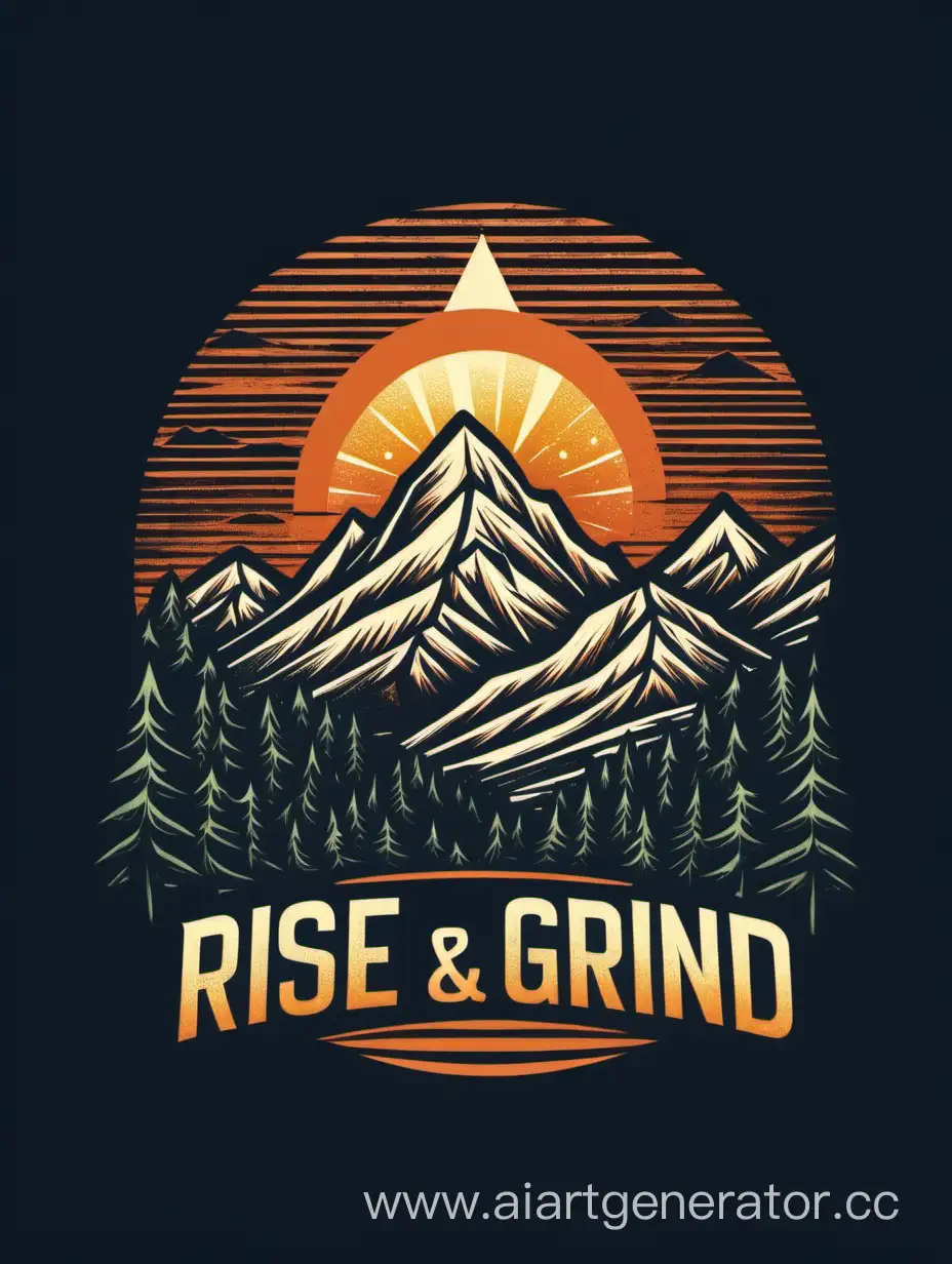 "Rise and Grind" with a sun rising over a mountain graphic in the t-shirt design 