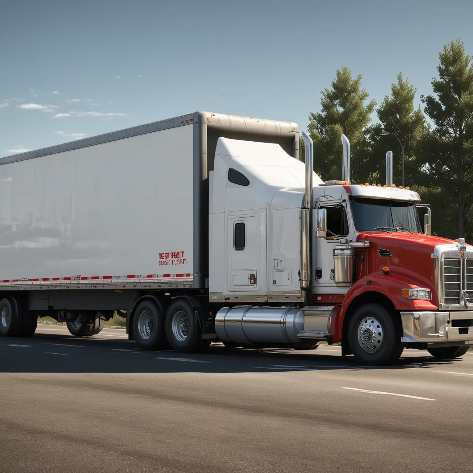 Create a photorealistic image of a semi-truck with 'IBT' prominently displayed on the side of the trailer. The truck should be a modern model like a Kenworth or Peterbilt, with an aerodynamic cab and sleeper compartment. The trailer should be a standard 53-foot dry van style.

The color scheme of the truck and trailer should be related to IBT's branding, such as white with red accents or vice versa. The 'IBT' text on the trailer should be large, bold, and easily readable. The IBT logo or other graphics may also be included.

The truck should be shown from a 3/4 angle view, capturing the full side of the tractor and trailer. The background should be a realistic highway or industrial setting, with appropriate road markings, lighting, and scenery elements like buildings, trees, etc.

Pay close attention to details like reflections, shadows, logos, text, surface textures and weathering to make the image appear as photorealistic as possible. The overall scene should convey a sense of the truck being prepared for travel or making a delivery