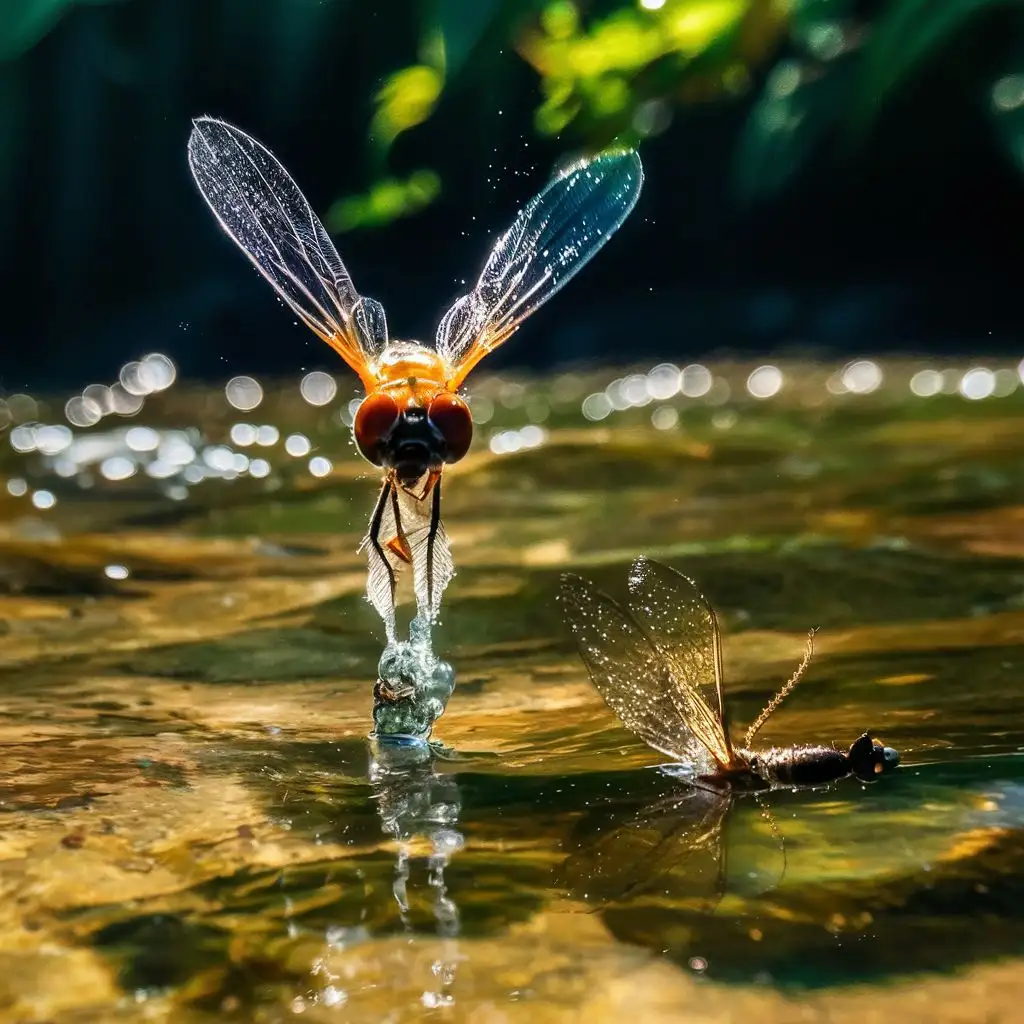 A picture of a small mayfly insect swimming from the bottom of a river to the surface. Also place a hatched mayfly dun on the surface of the water. 