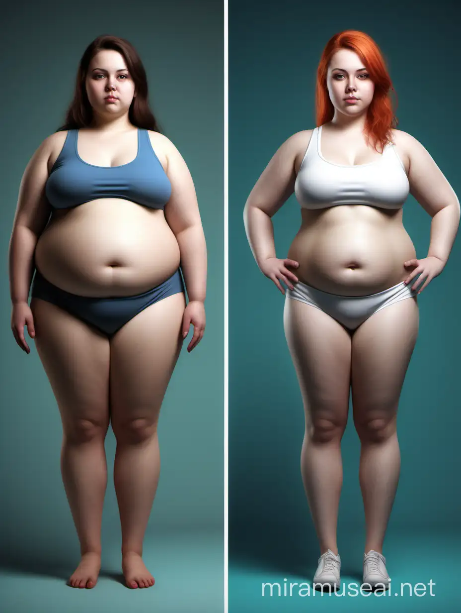 photorealistic of before fat girl and after same girl  more slim