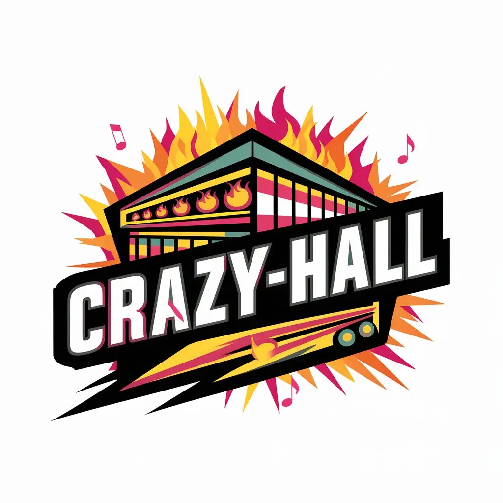Логотип представляет собой стилизованное изображение холла с яркими огнями и музыкальными нотами. Название "Crazy-Hall" выполнено в динамичном стиле, чтобы отразить энергию и атмосферу концертов. Цветовая гамма включает яркие оттенки, чтобы привлечь внимание и создать ассоциацию с весельем и развлечениями.