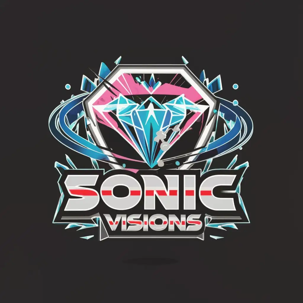 a logo design, with the text 'Sonic Visions', main symbol: logo name like fractured diamond heart with a swirling black hole, sonic the hedgehog font, complex, to be used in Entertainment industry, clear background